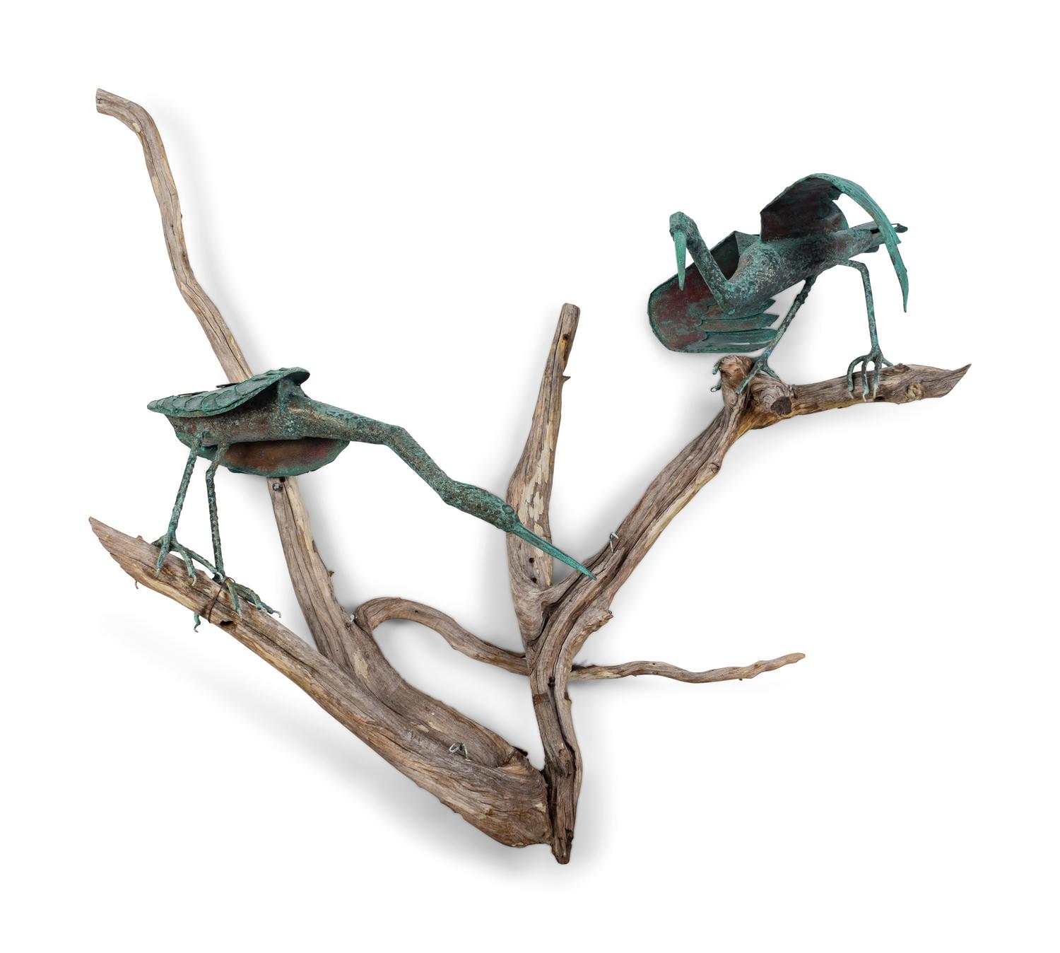 A Copper and Driftwood Wall Sculpture with Two Herons