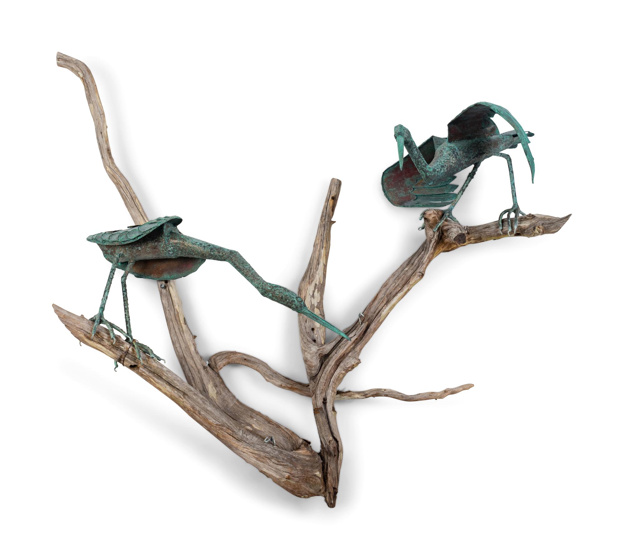 A Copper and Driftwood Wall Sculpture with Two Herons