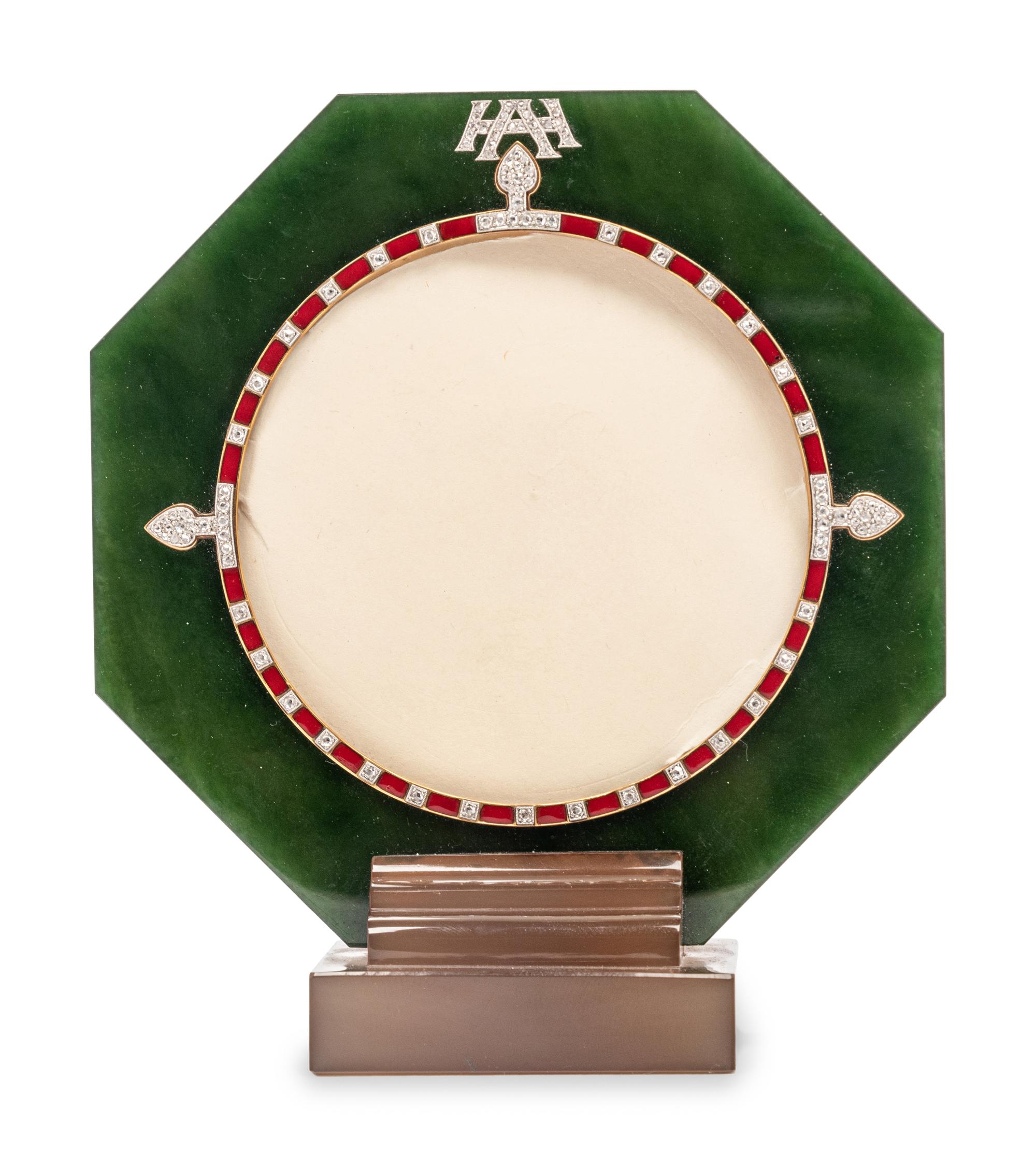 A Cartier Brown Agate, Green Jade, Yellow Gold, Enamel and Diamond Picture Frame