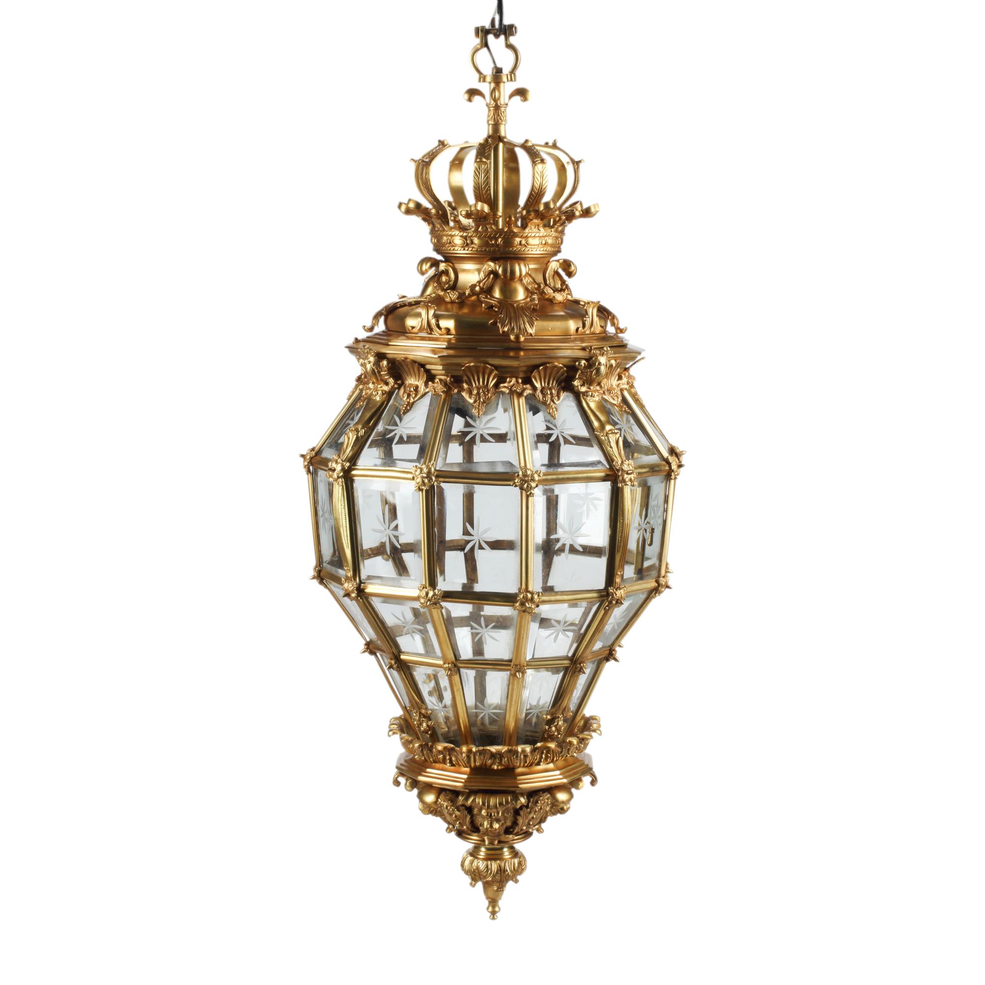 A Pair of Louis XVI Style Gilt Bronze and Etched Glass Hall Lanterns