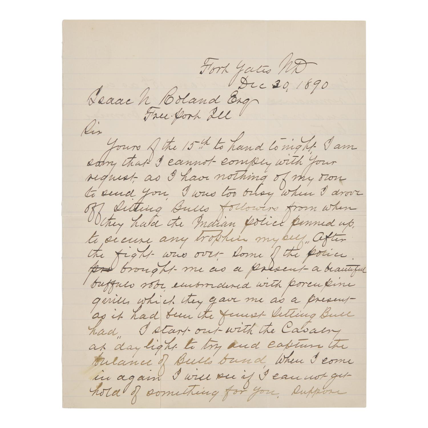 [Native-Americana] [Sitting Bull] Autograph Letter, Signed by Captain Edmond G. Fechet of the 8th U.S. Cavalry Offering an Account of the Encounter that Ended with the Death of the Famed Lakota Warrior, Sitting Bull, 1890