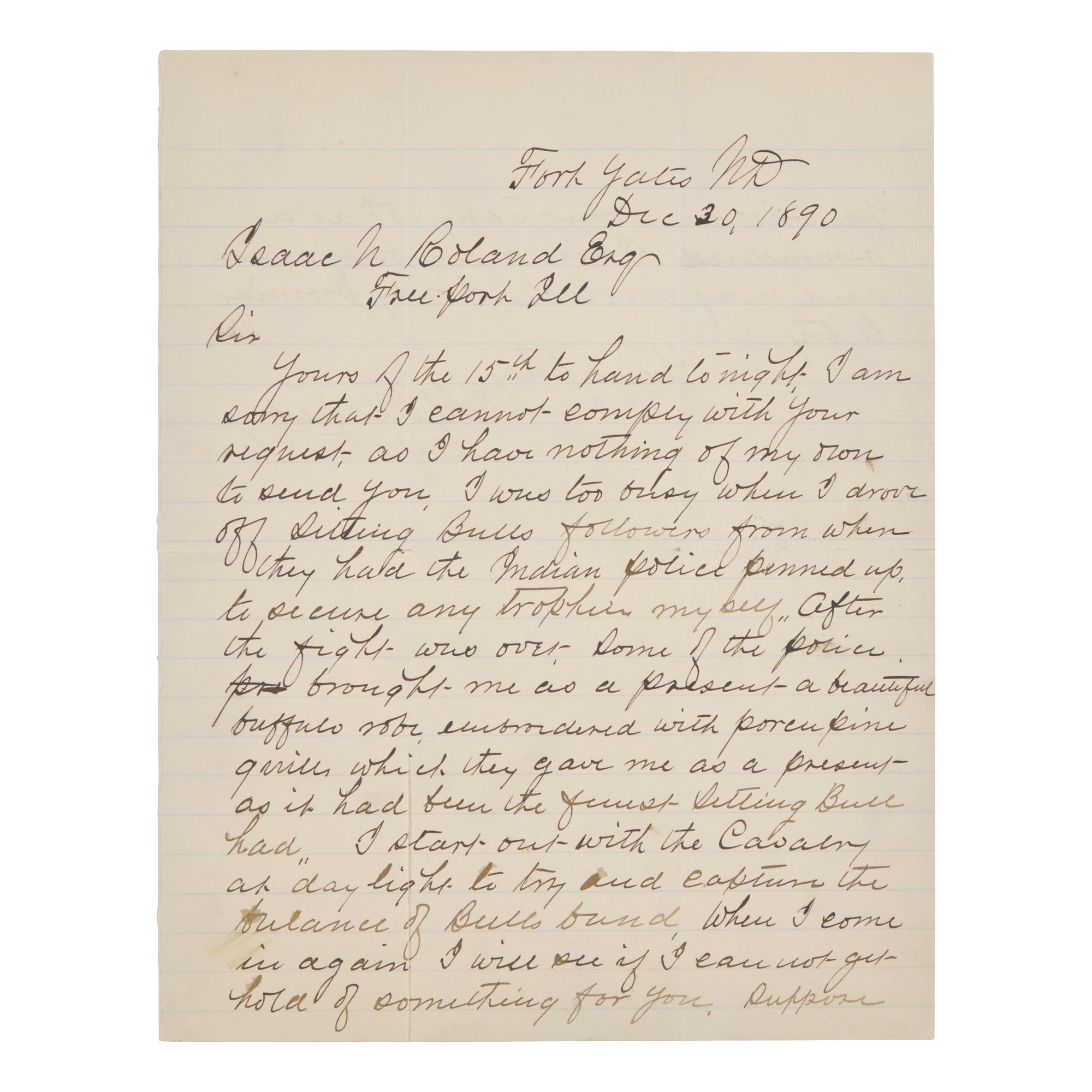 [Native-Americana] [Sitting Bull] Autograph Letter, Signed by Captain Edmond G. Fechet of the 8th U.S. Cavalry Offering an Account of the Encounter that Ended with the Death of the Famed Lakota Warrior, Sitting Bull, 1890