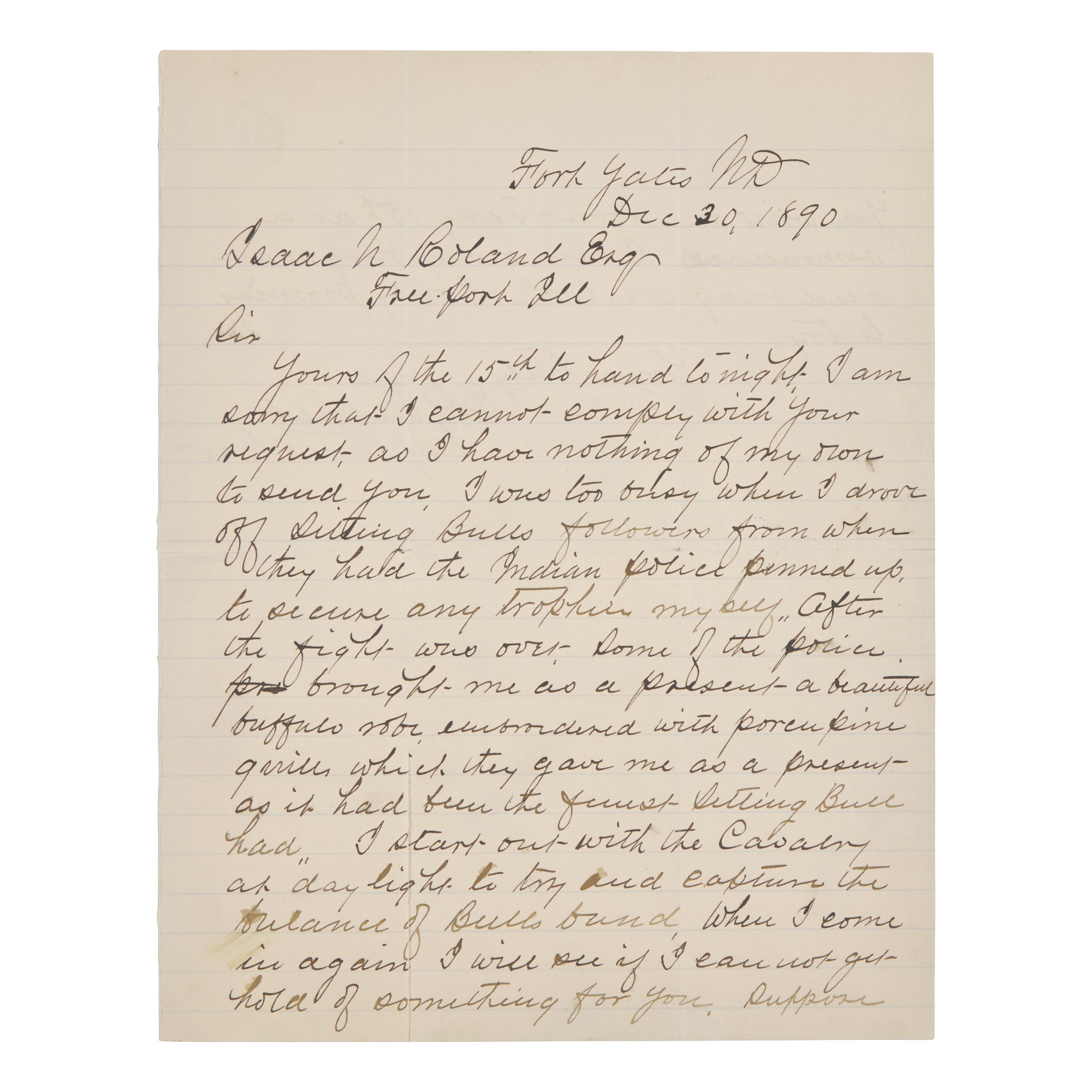 [Native-Americana] [Sitting Bull] Autograph Letter, Signed by Captain Edmond G. Fechet of the 8th U.S. Cavalry Offering an Account of the Encounter that Ended with the Death of the Famed Lakota Warrior, Sitting Bull, 1890