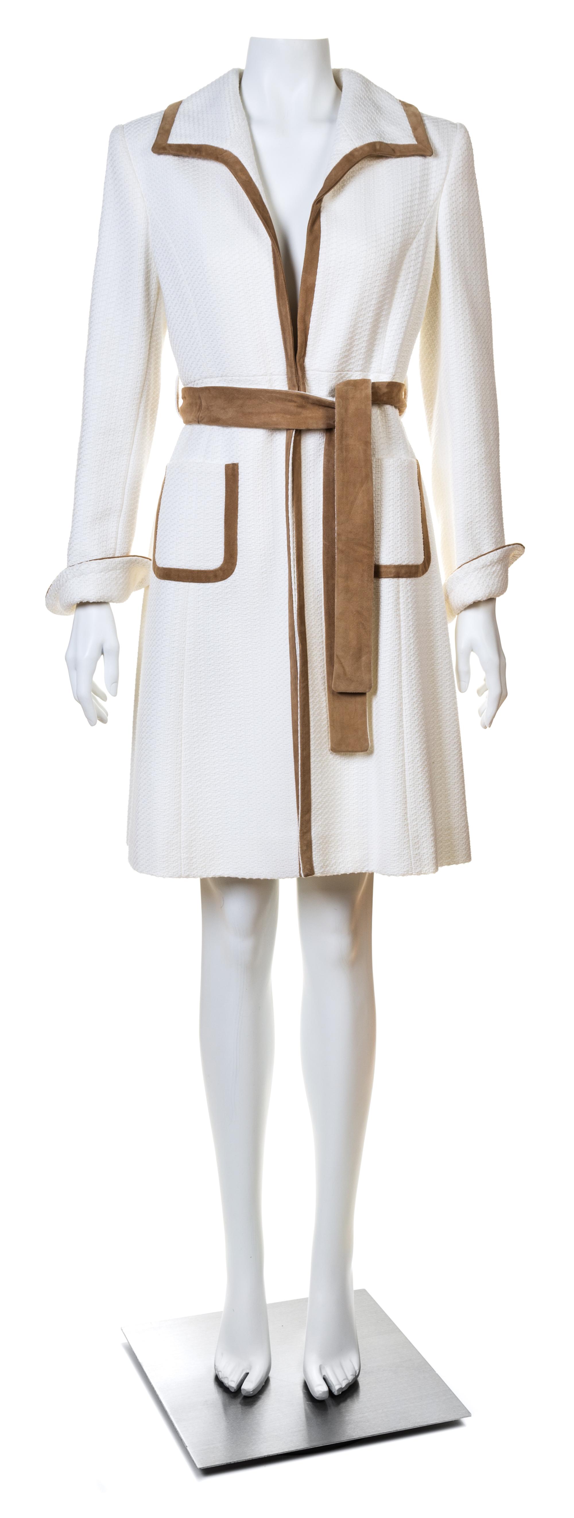 A Valentino Roma White Cotton Coat, Size 8; Belt: 62" x 1.75".