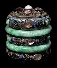 A Chinese Jadeite and Hardstone Inset Blue Enameled Silver Filigree Covered Box