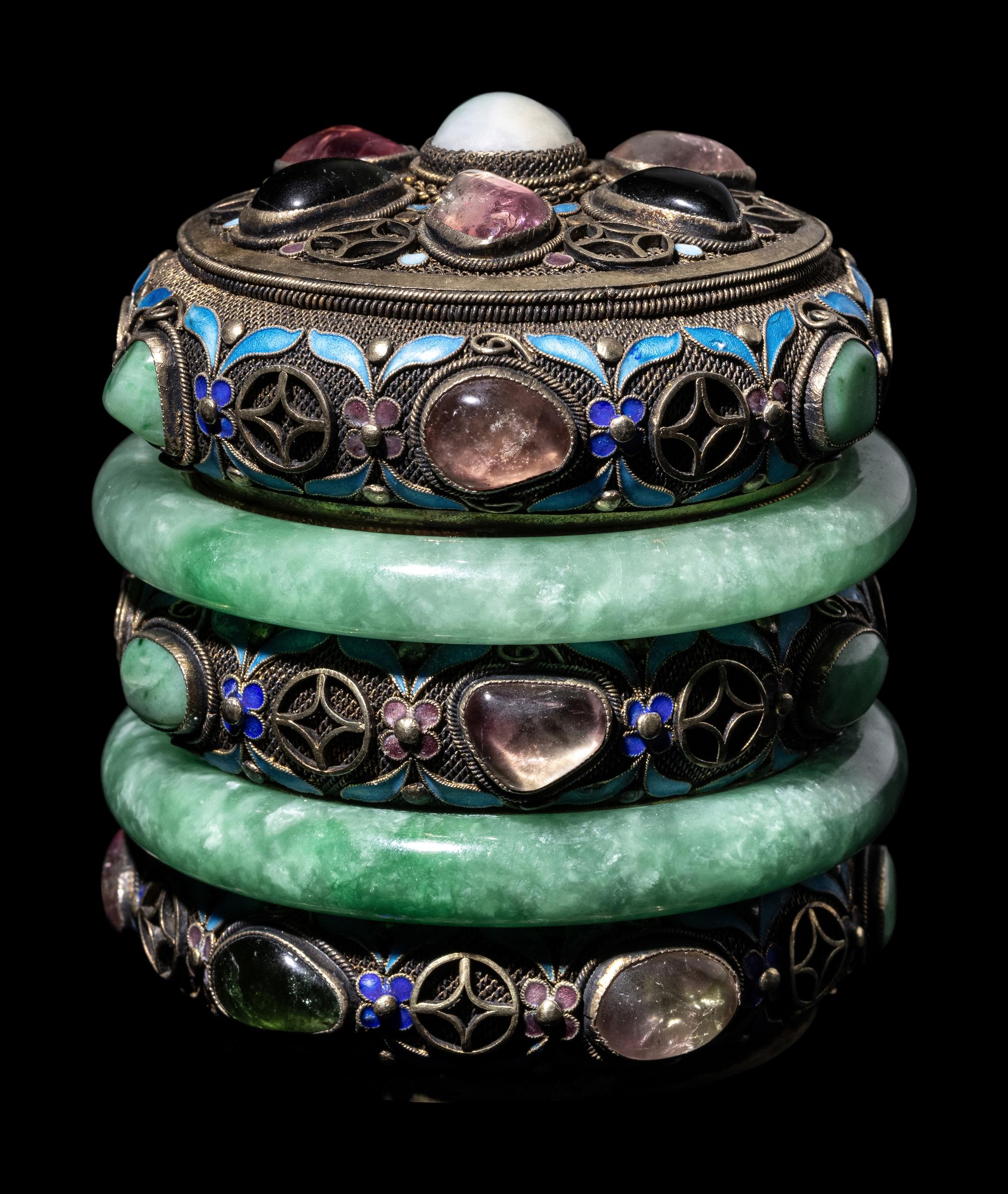 A Chinese Jadeite and Hardstone Inset Blue Enameled Silver Filigree Covered Box
