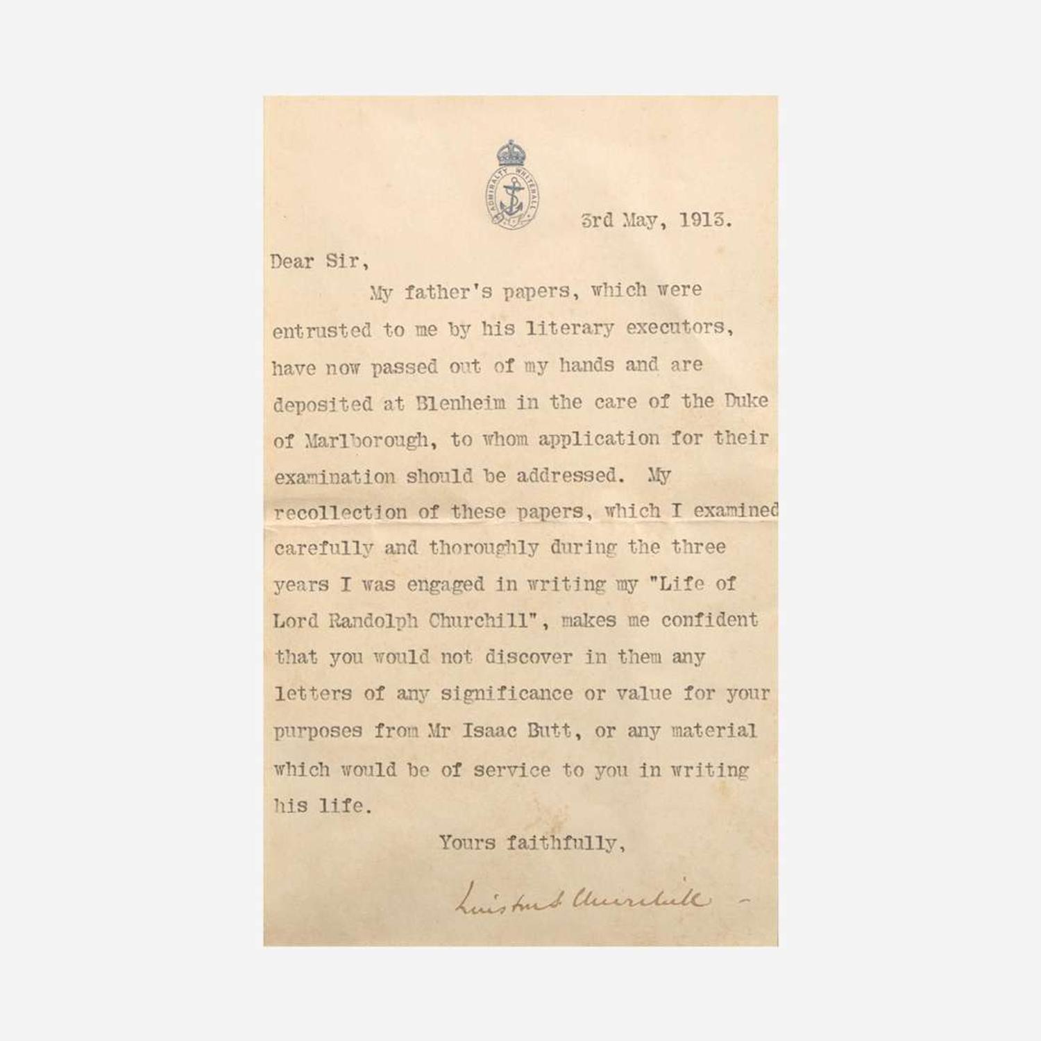 [Churchill, Winston] Churchill, Winston S. Typed Letter, signed