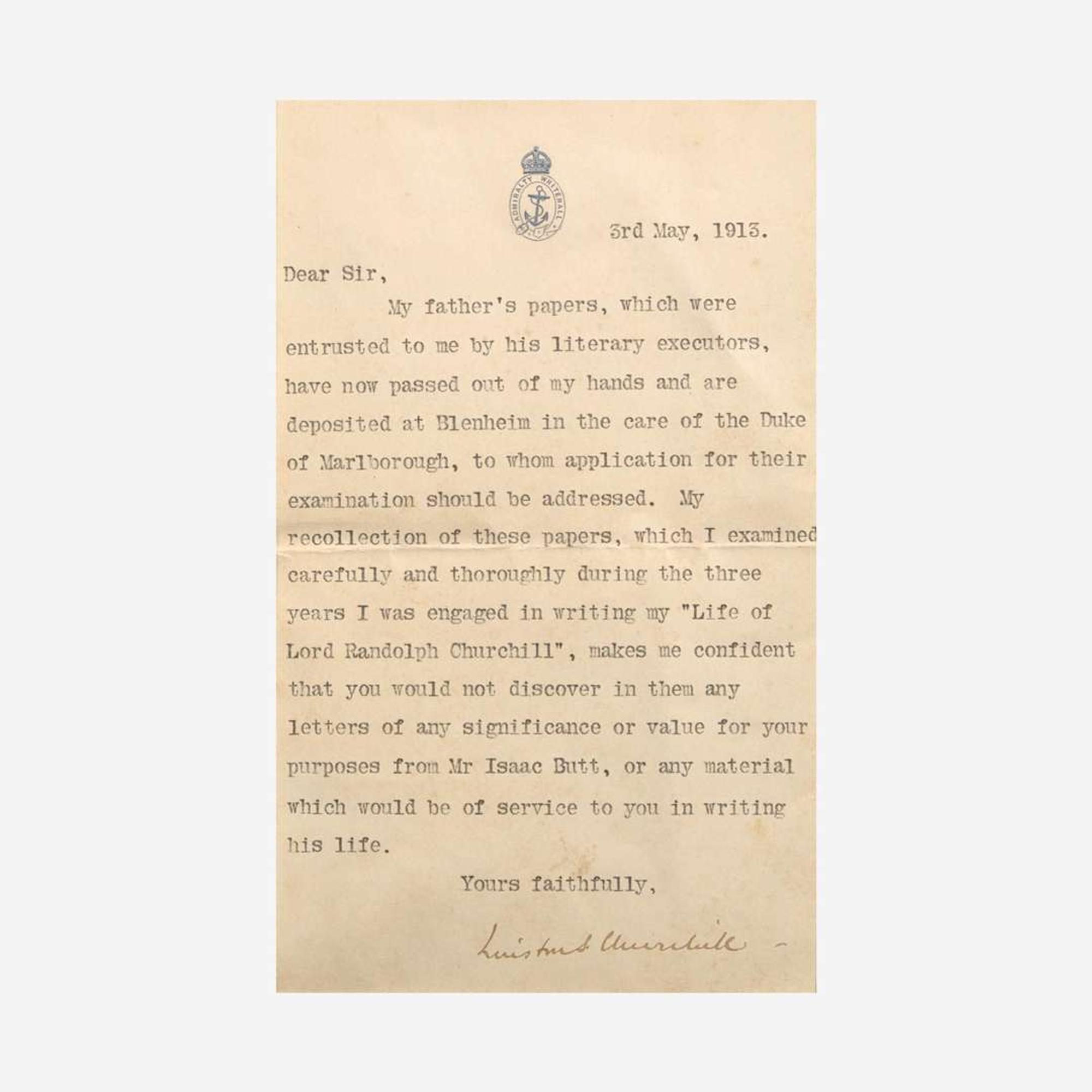 [Churchill, Winston] Churchill, Winston S. Typed Letter, signed