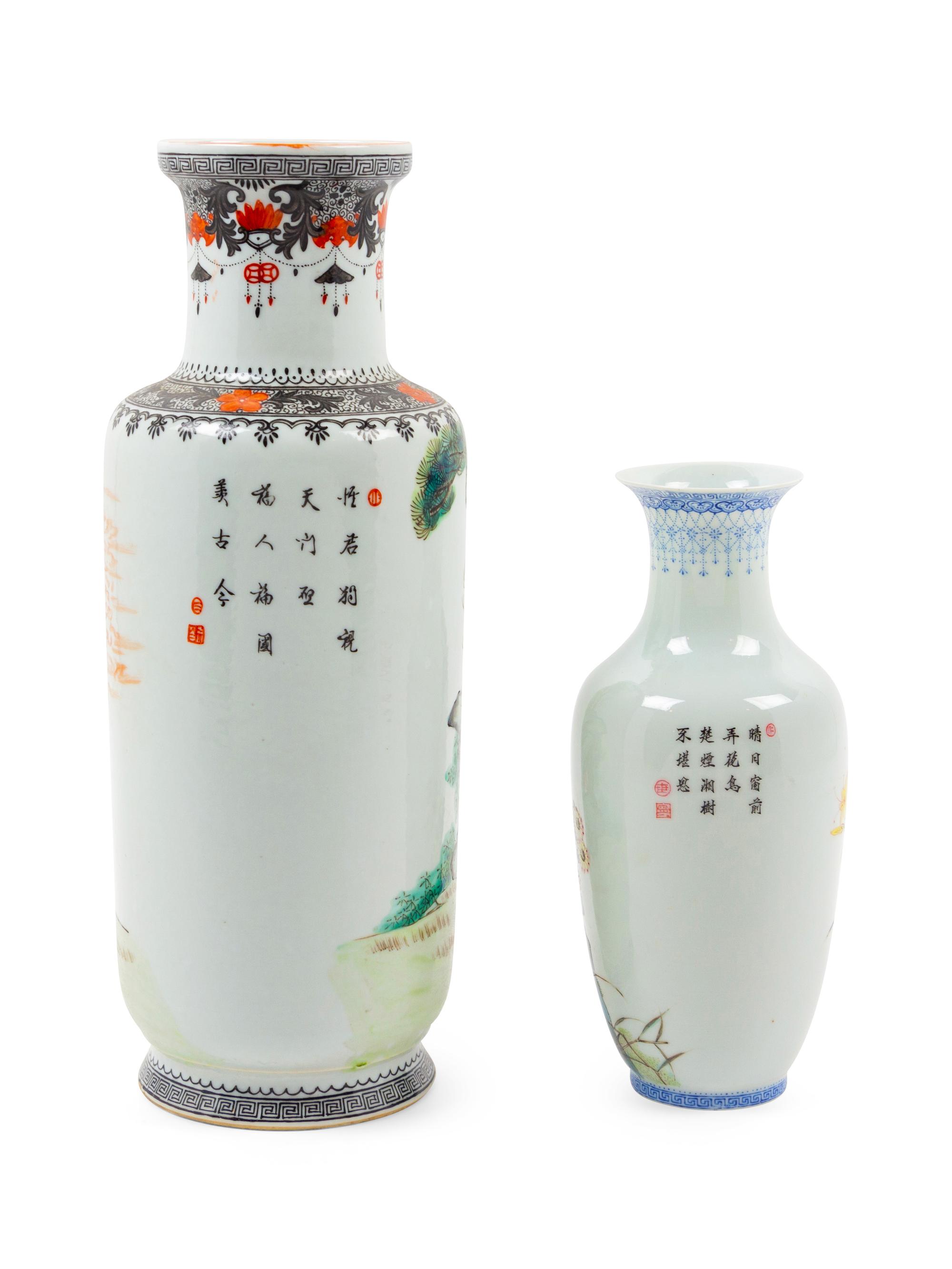 Two Chinese Famille Verte Porcelain Rouleau Vases