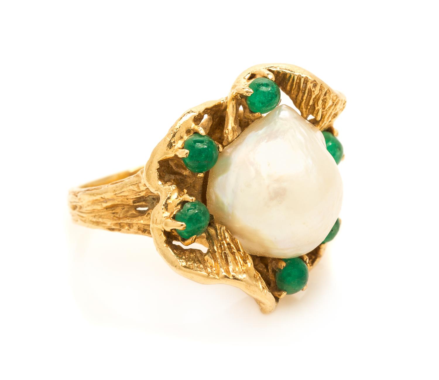A 14 Karat Yellow Gold, Cultured Baroque Pearl and Emerald Ring, 7.00 dwts.