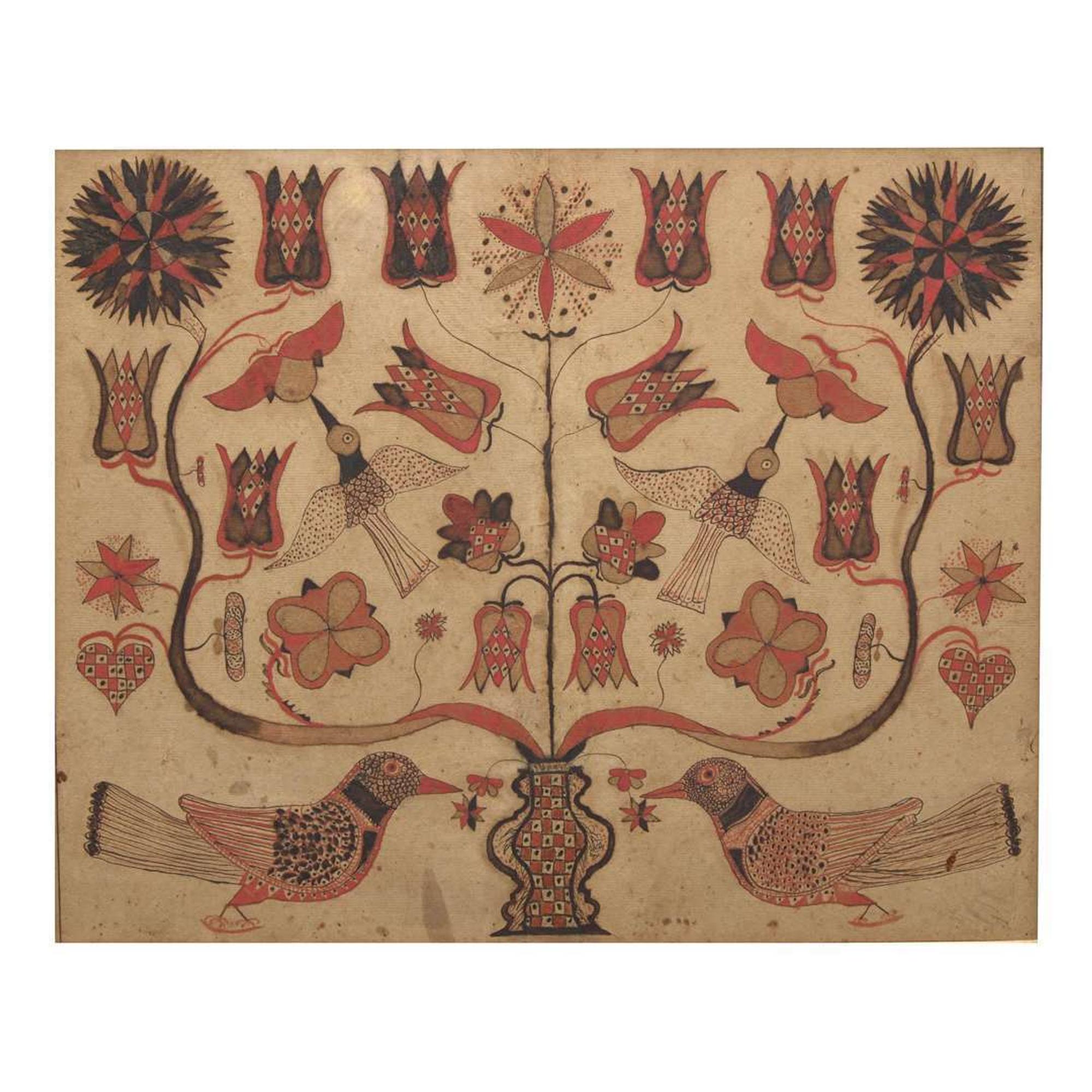 A Fraktur Drawing: A Flowering Vine with Birds Early 19th-century