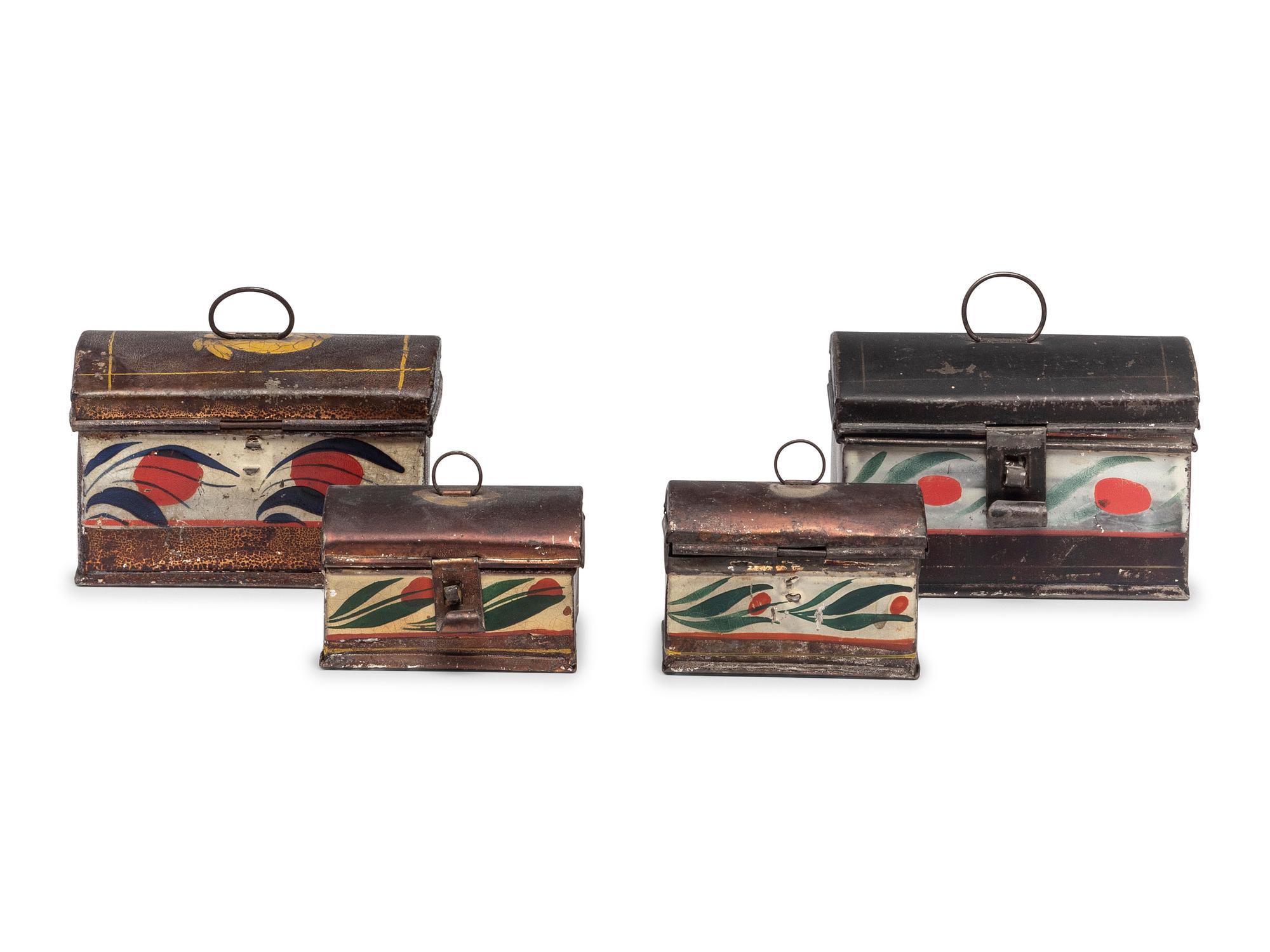 Four Miniature Polychrome Painted Tole Boxes