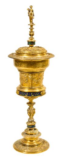 A Victorian Gilt Metal and Cloisonne Electrotype Wine Cooler on Stand Height 42 inches. — ELKINGTON & CO., BIRMINGHAM, CIRCA 1870