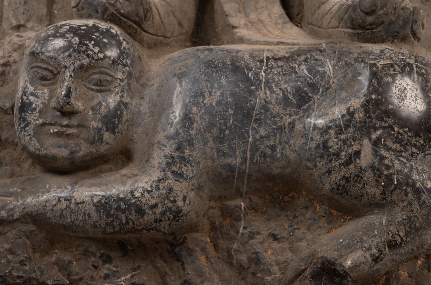 A Chinese Monumental Relief Carved Stone Figural Steele of a Warrior