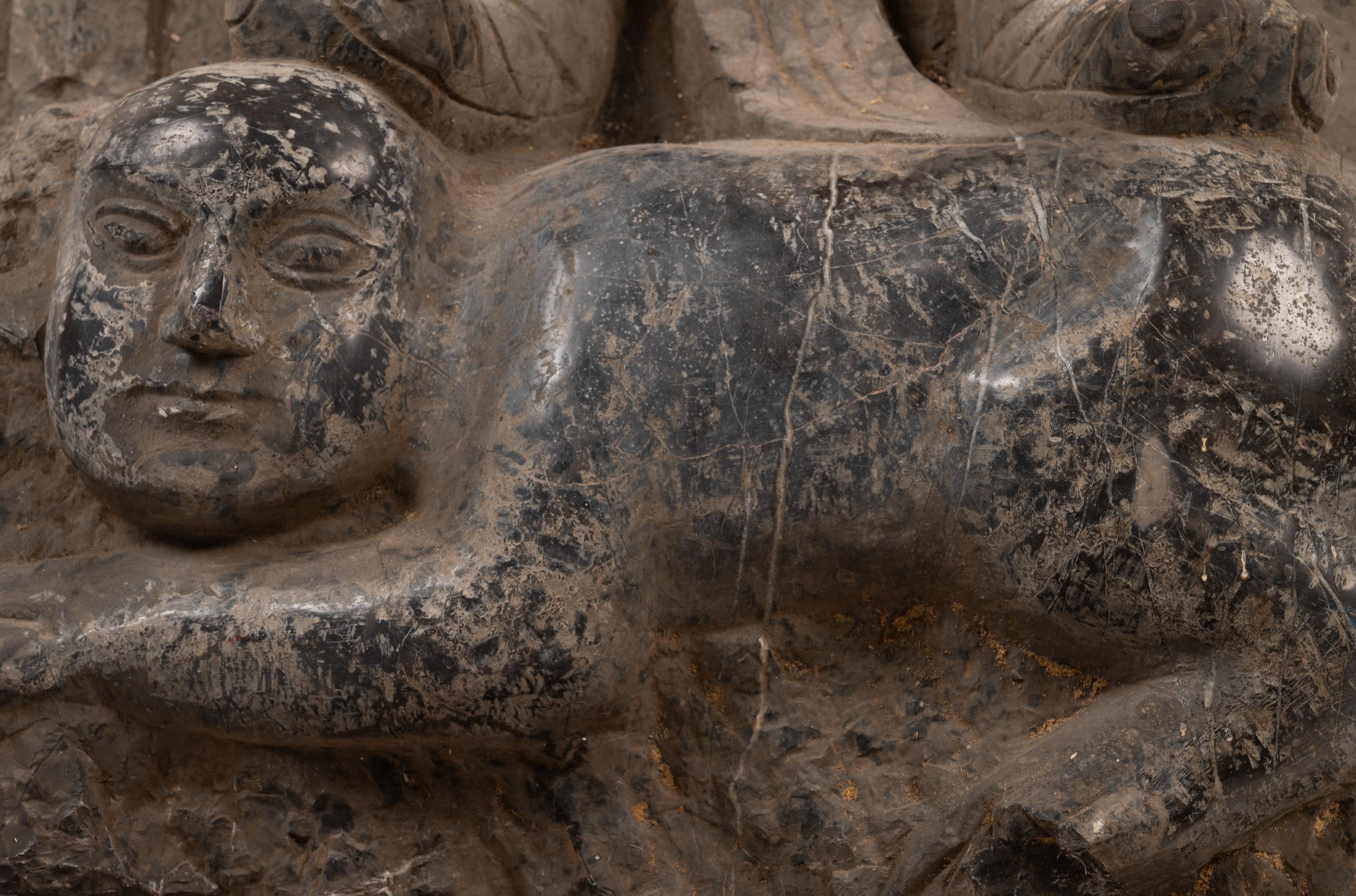 A Chinese Monumental Relief Carved Stone Figural Steele of a Warrior