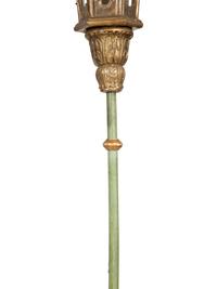 A Pair of Venetian Painted and Parcel Gilt Gondola Lanterns in Marblelized Bases