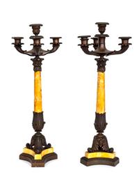 A Pair of Napoleon III Bronze-Mounted Sienna Marble Four-Light Candelabra — 19TH CENTURY