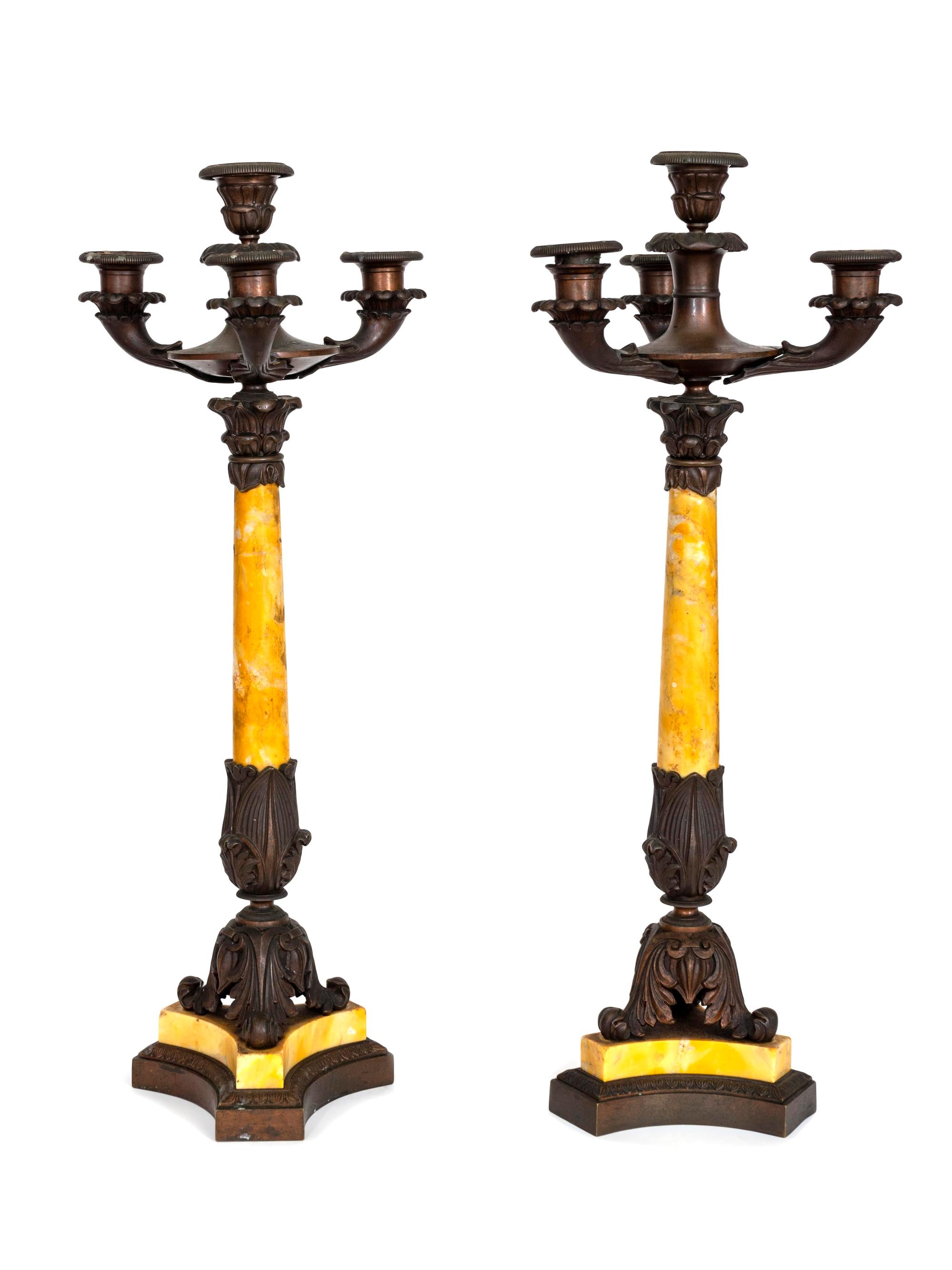 A Pair of Napoleon III Bronze-Mounted Sienna Marble Four-Light Candelabra — 19TH CENTURY
