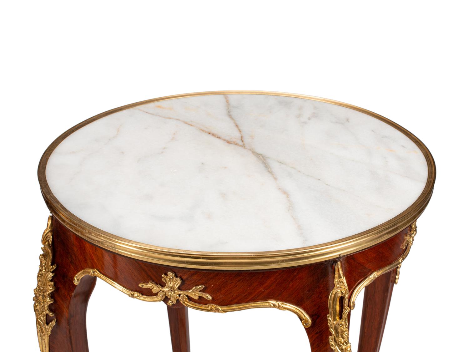 A Pair of Louis XV Style Gilt Bronze Mounted Marble-Top Side Tables