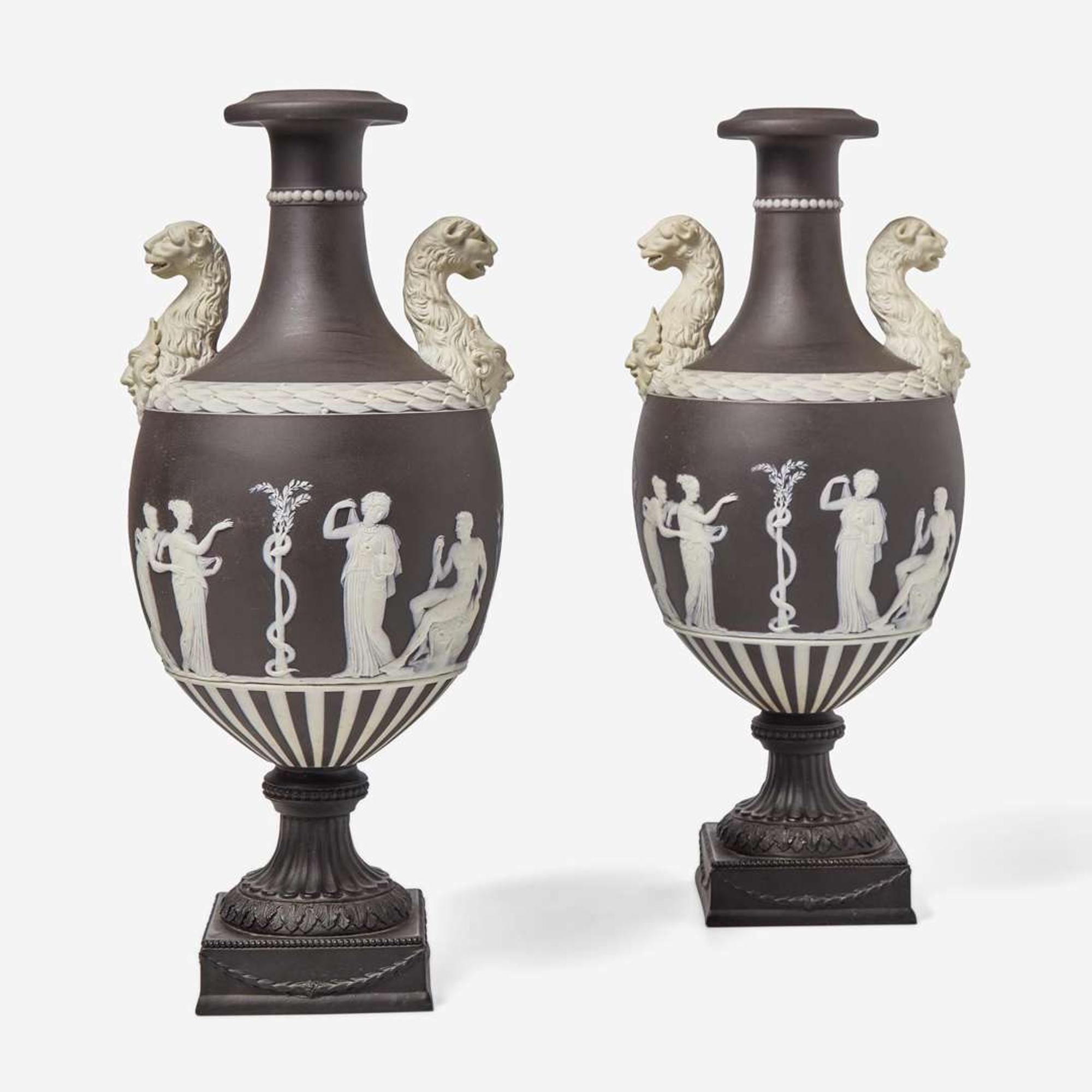 A Pair of Wedgwood Black Dip Jasperware and Black Basalt "Panther" Vases UK, late 19th century