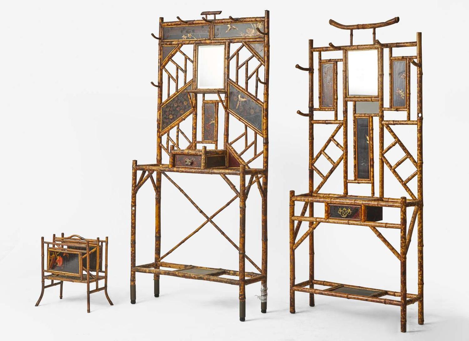 Two Japanese Aesthetic Movement bamboo and lacquer hall trees and magazine rack, late 19th century