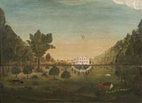 A Rare Painted Pine Fireboard with Scene of a Country Estate