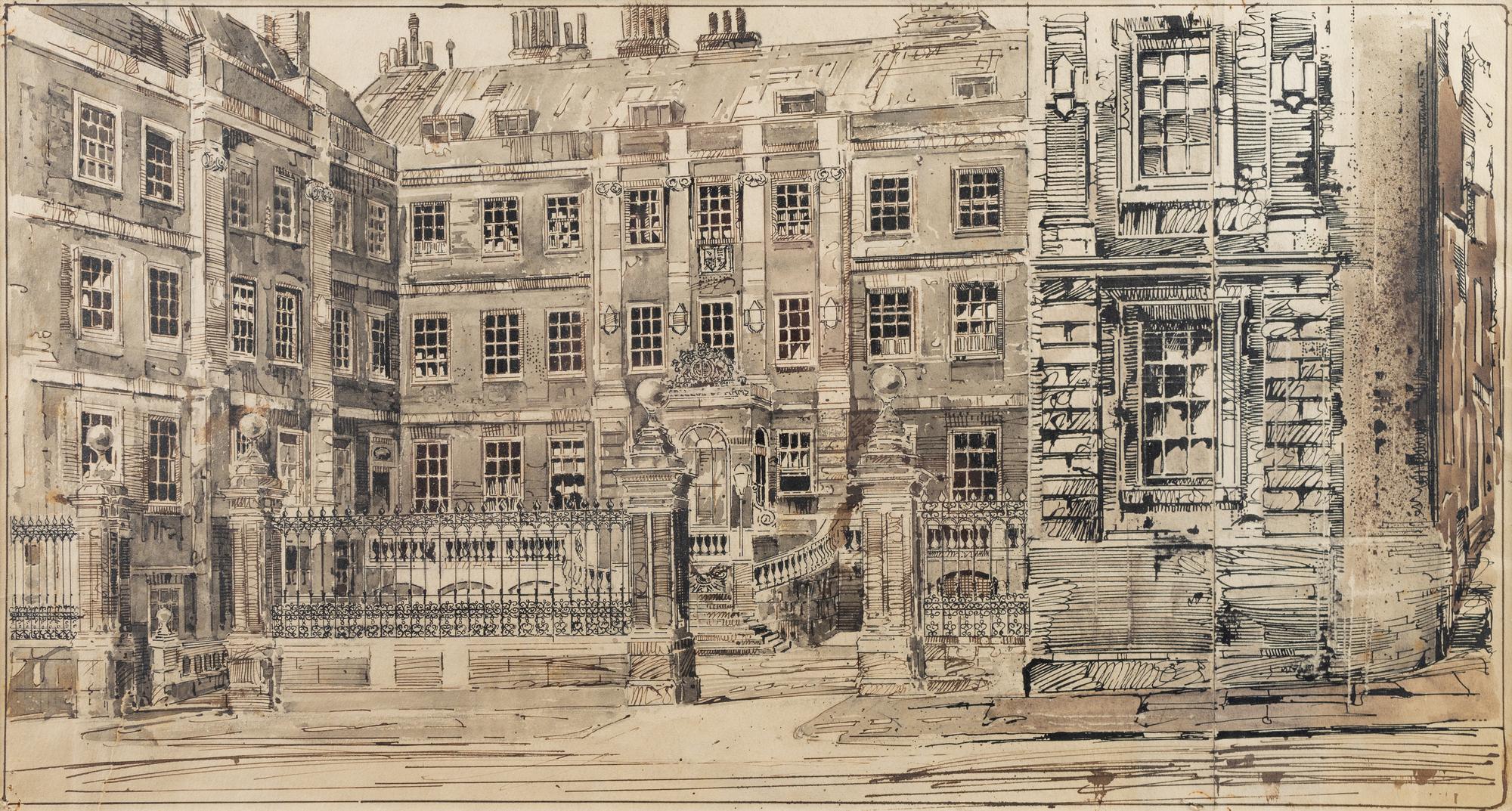 Two Ink and Gouache Illustrations of Architectural Views