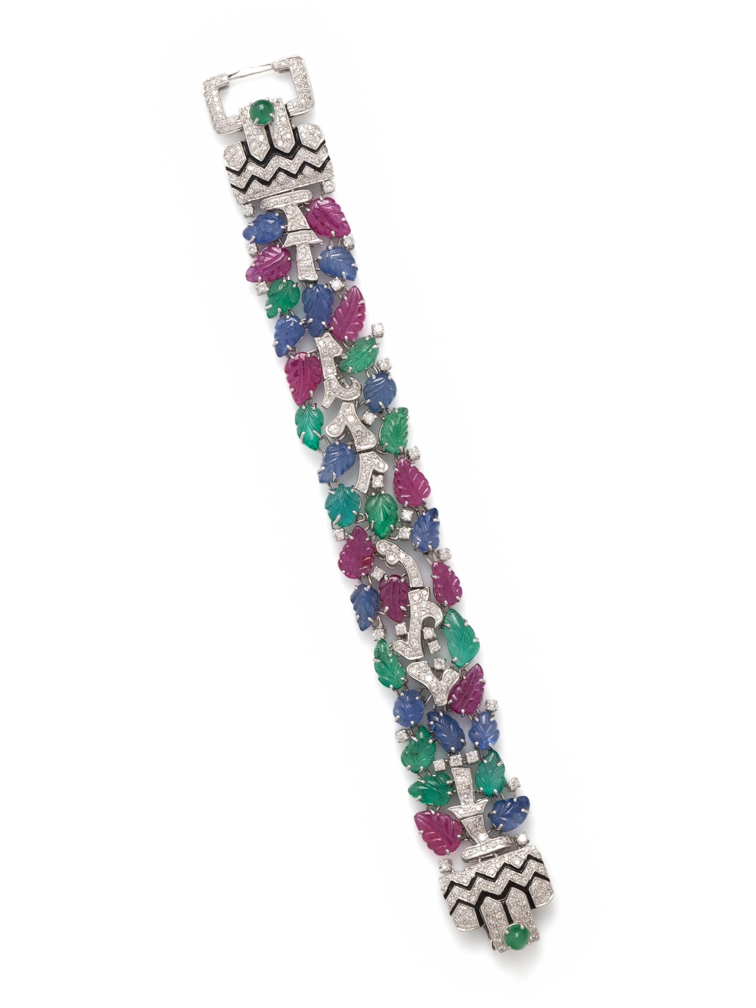 CARVED MULTIGEM, DIAMOND AND ENAMEL BRACELET