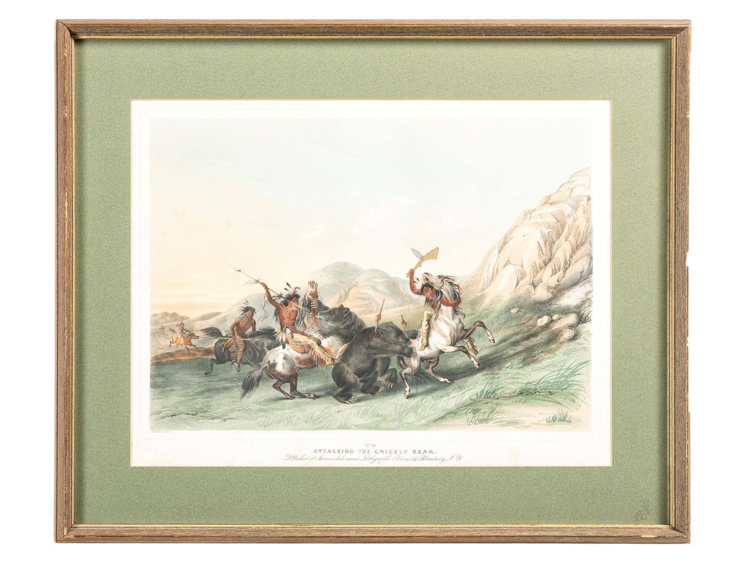 [NATIVE AMERICANS]. CATLIN, George (1796-1872), artist. ACKERMAN, James (active 1845-1859), lithographer. Attacking the Grizzly Bear.