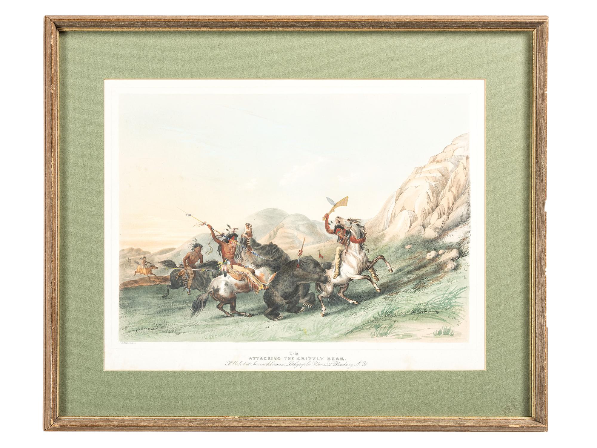 [NATIVE AMERICANS]. CATLIN, George (1796-1872), artist. ACKERMAN, James (active 1845-1859), lithographer. Attacking the Grizzly Bear.