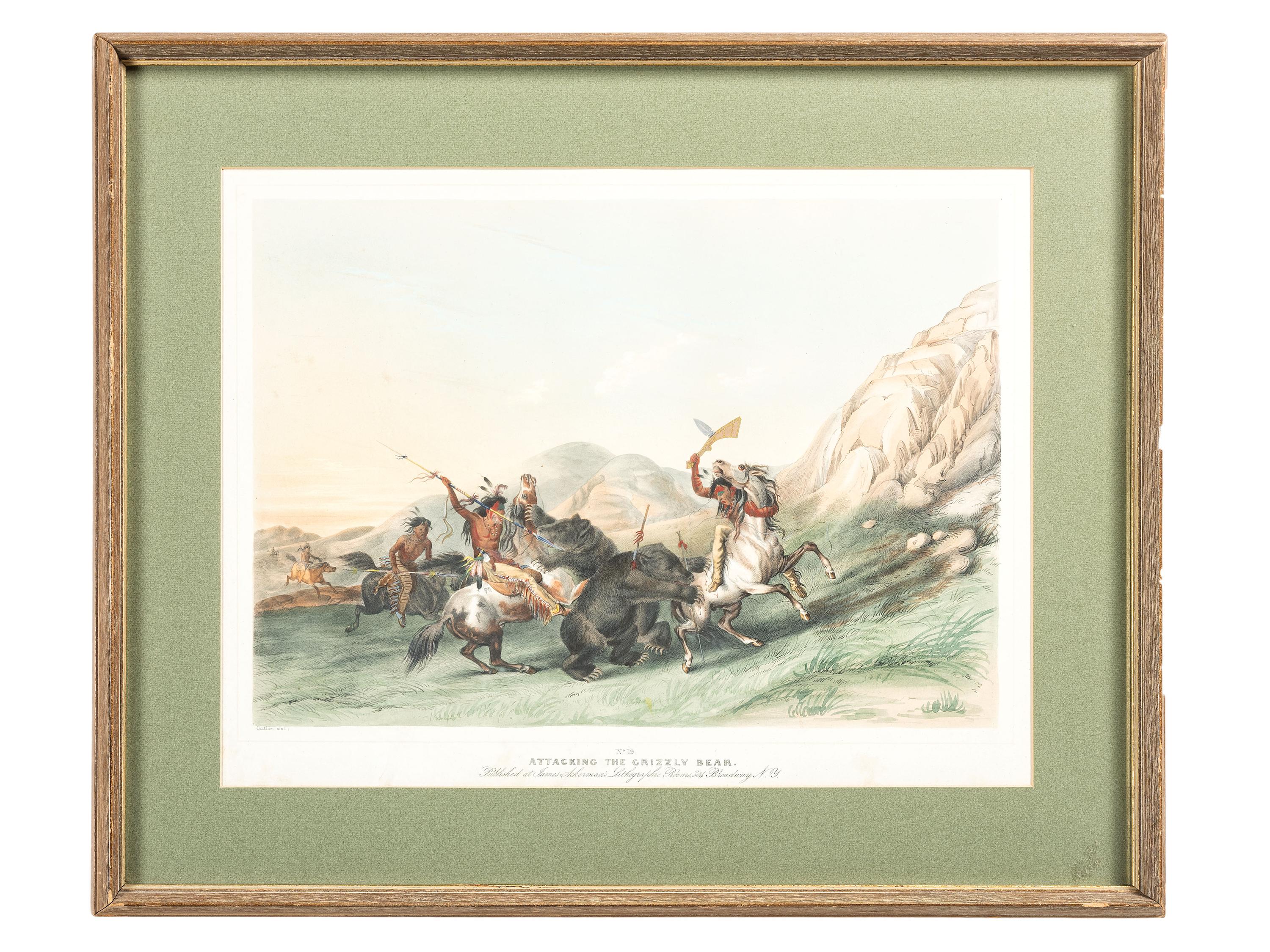 [NATIVE AMERICANS]. CATLIN, George (1796-1872), artist. ACKERMAN, James (active 1845-1859), lithographer. Attacking the Grizzly Bear.