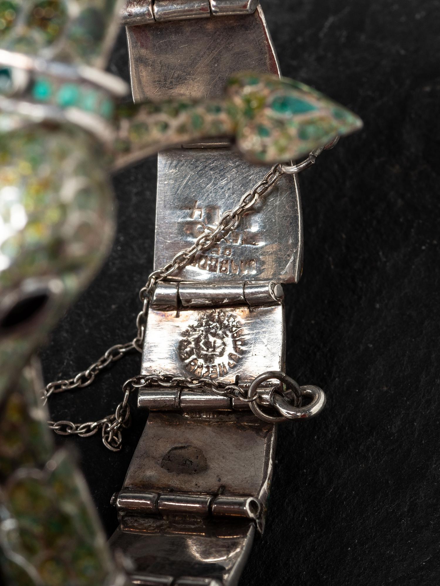 Taxco Sterling Silver and Enamel Serpent Necklace, Bracelets, and Earring Suite, 1955-1978