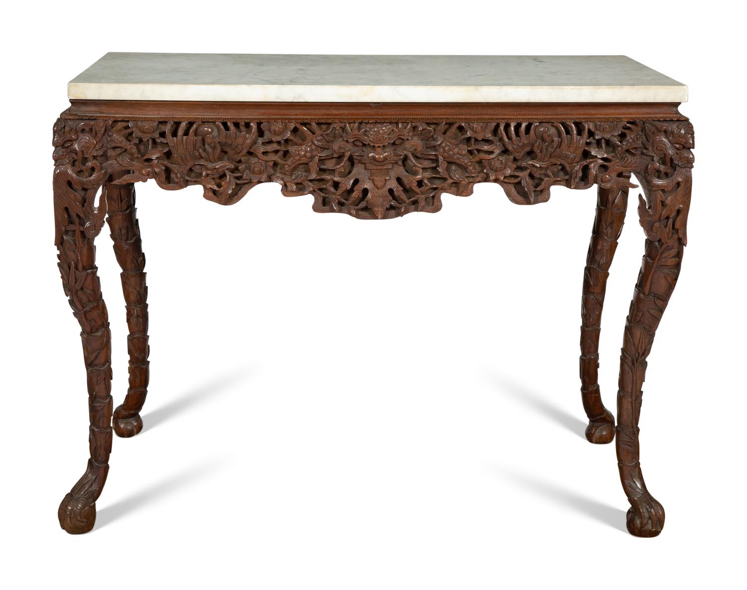 A Carved Anglo-Indian Rosewood Console Table with Carrara Marble Top