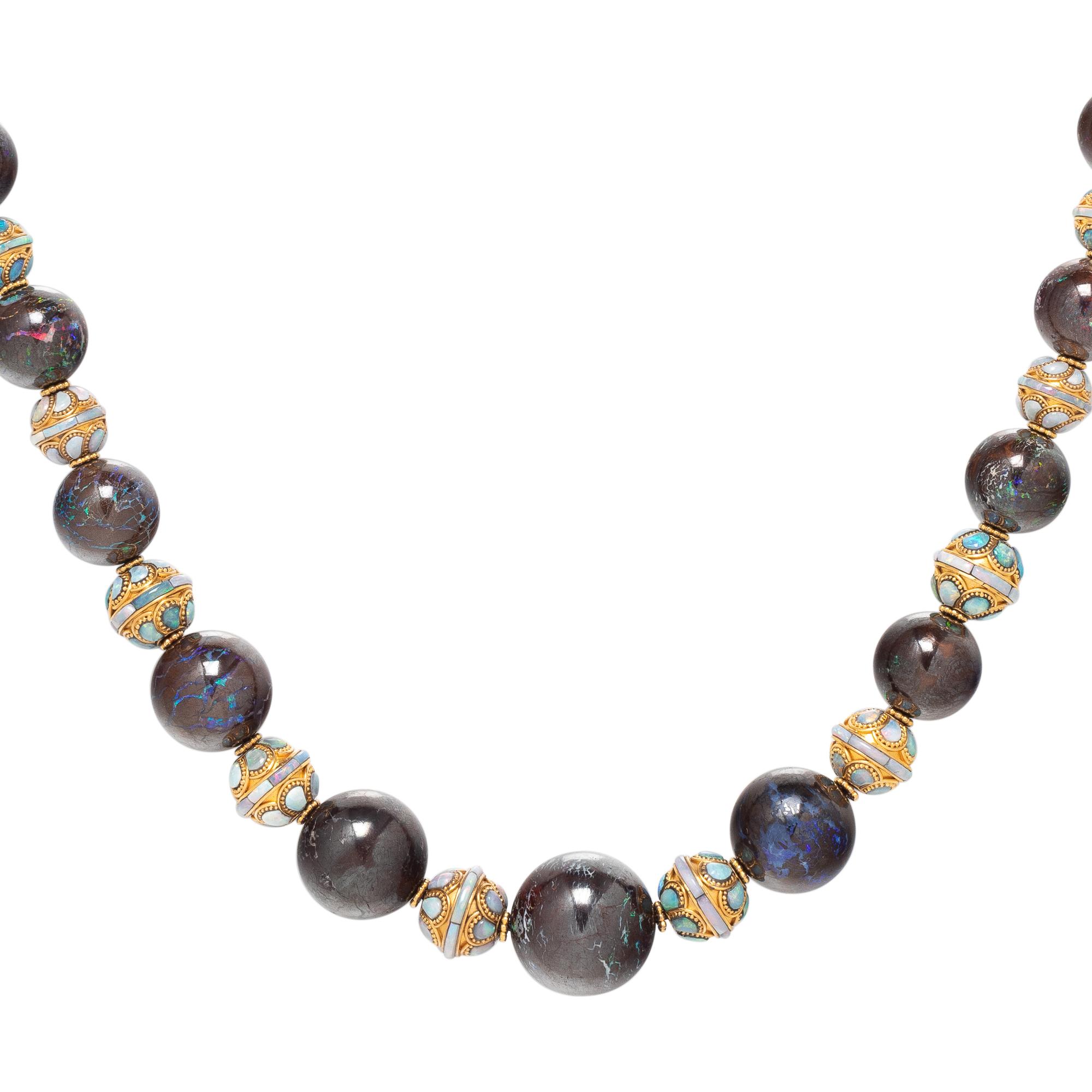 TIFFANY & CO., ART NOUVEAU, YELLOW GOLD, OPAL AND BOULDER OPAL BEAD NECKLACE