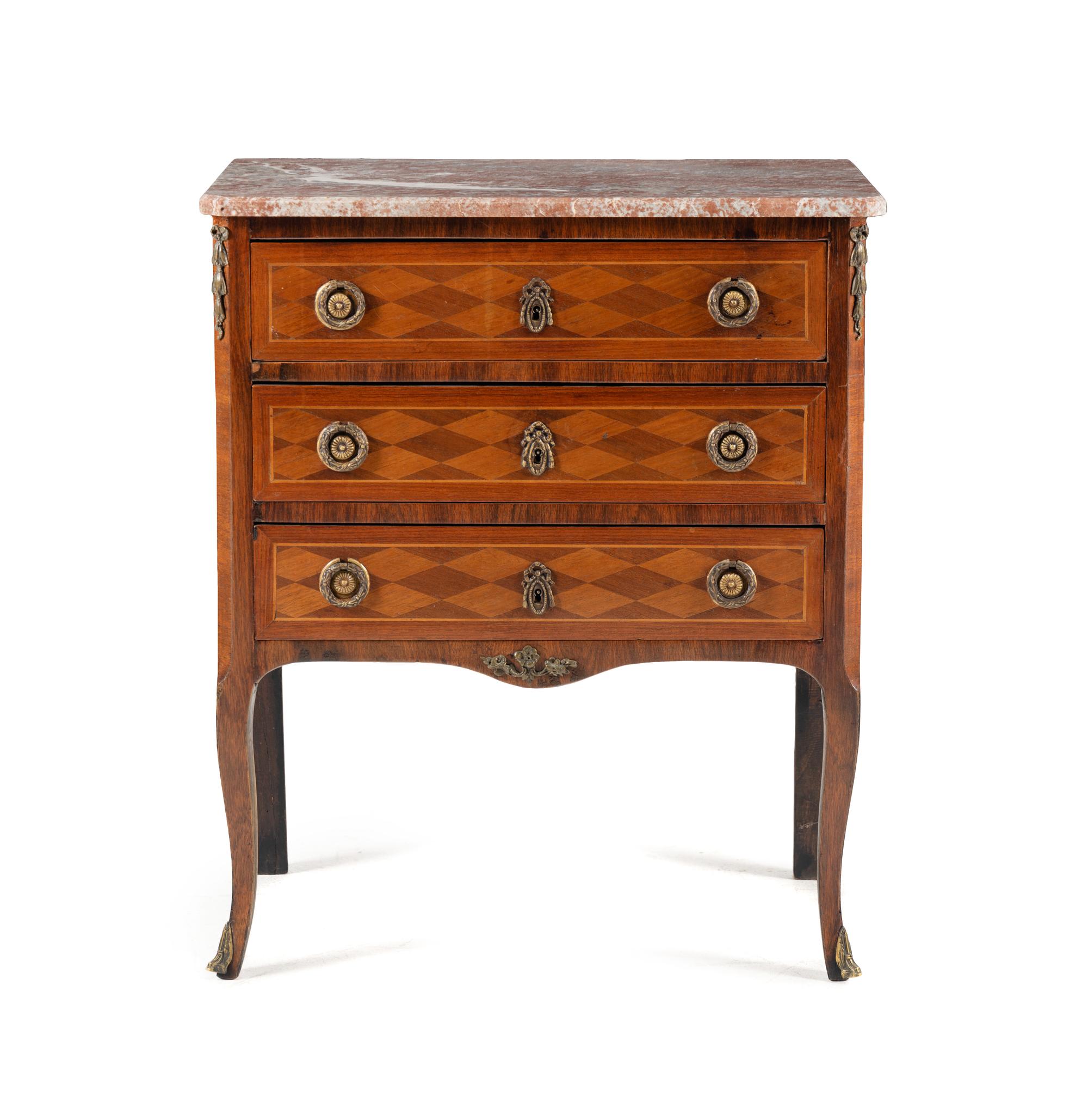 A Louis XVI Style Parquetry Marble-Top Commode