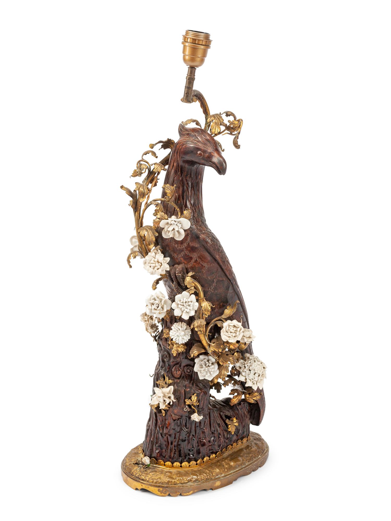 A German Porcelain Mounted Bronze Bird Mounted as a Lamp