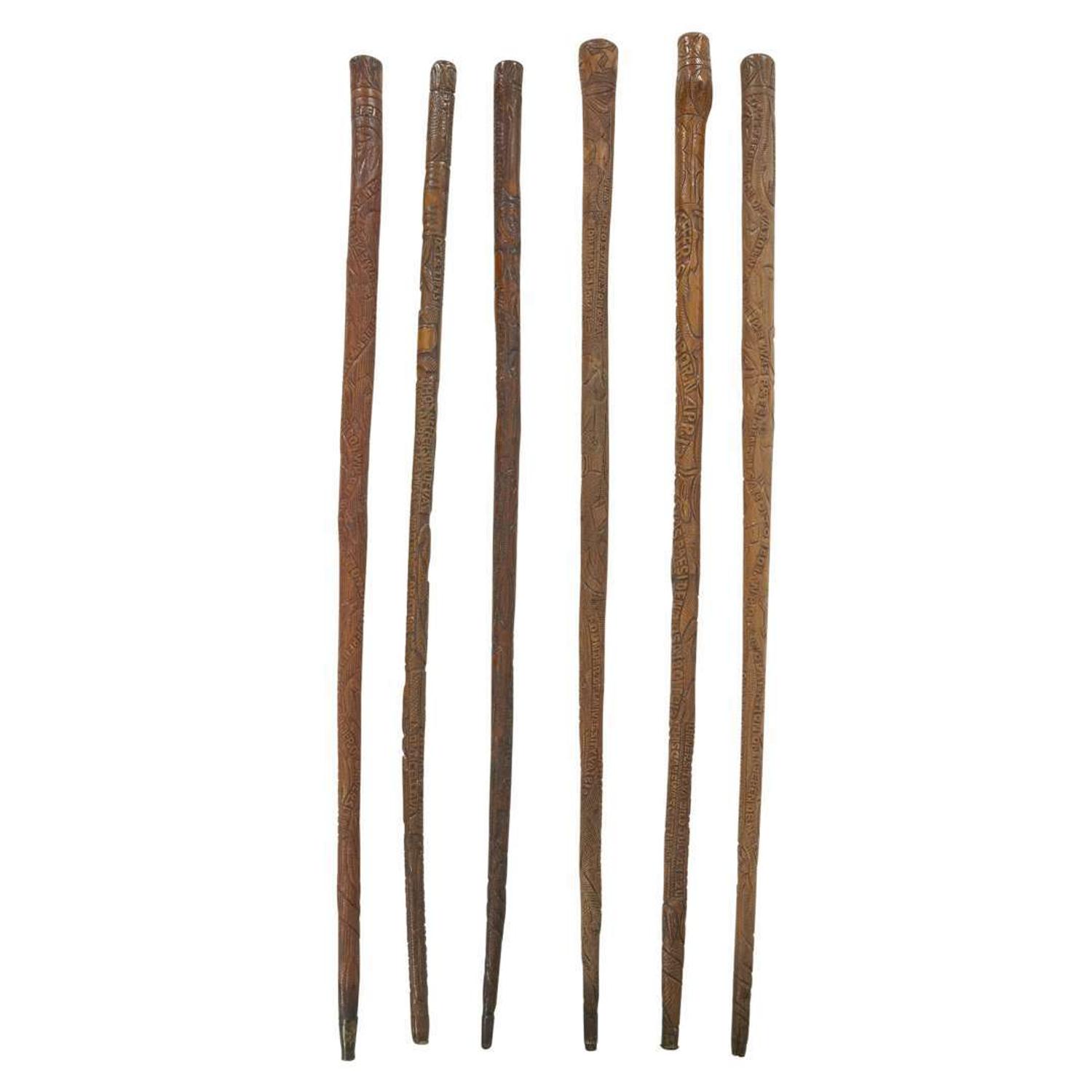 Group of six carved wood Thomas Jefferson canes or walking sticks Thomas Jefferson Craddock (1845-1918), Albemarle County, VA, circa 1870-1900