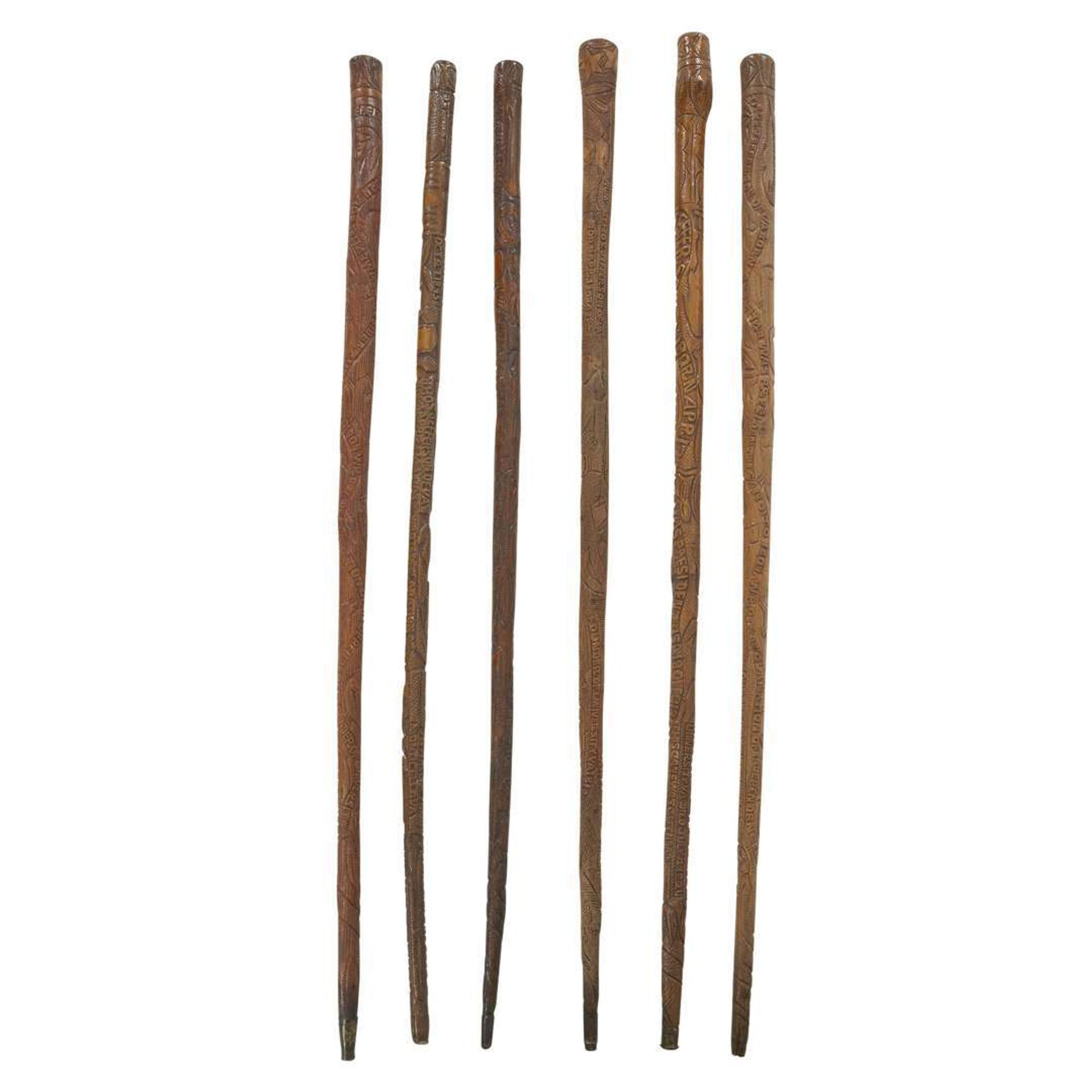 Group of six carved wood Thomas Jefferson canes or walking sticks Thomas Jefferson Craddock (1845-1918), Albemarle County, VA, circa 1870-1900