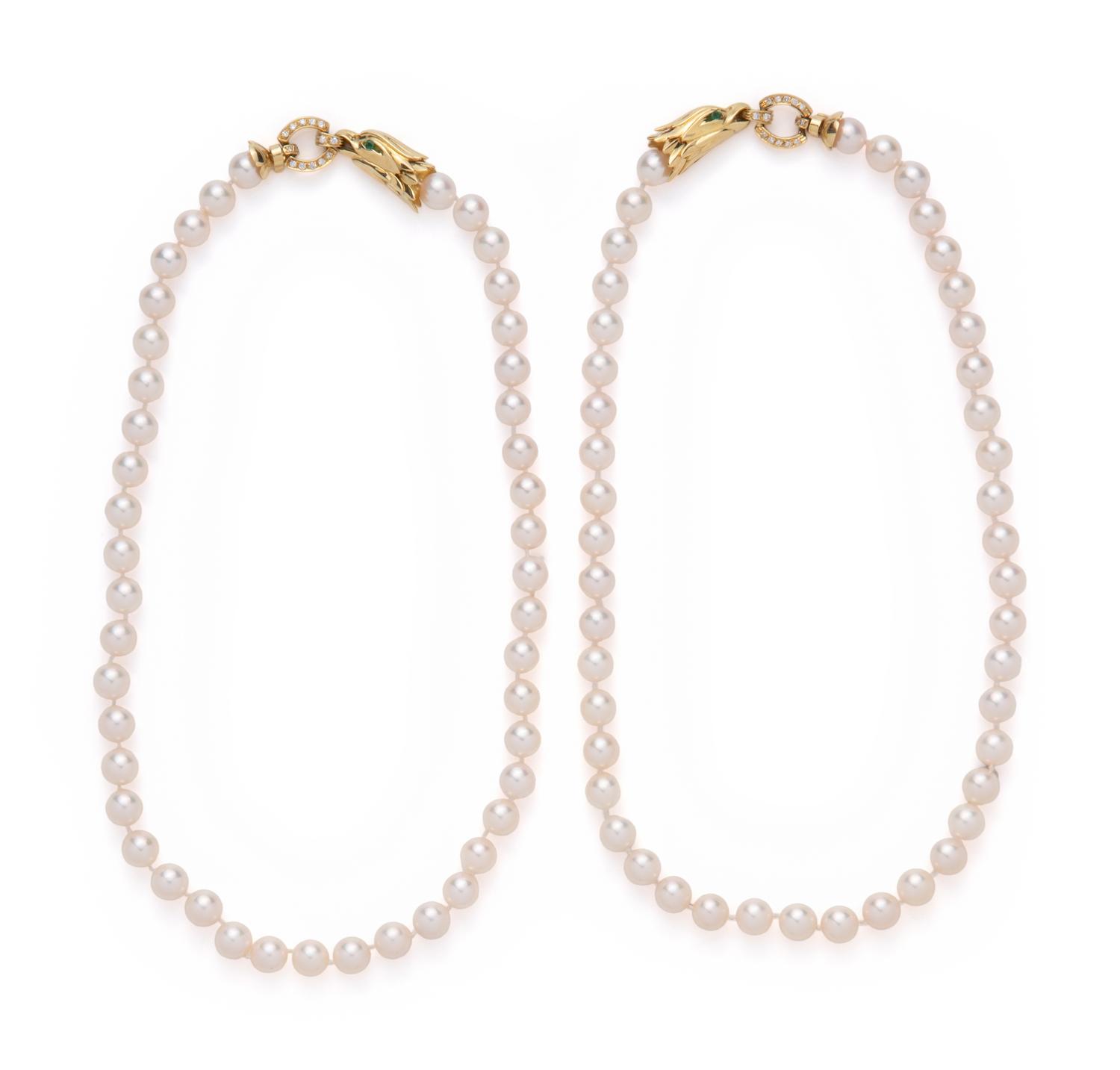 PAIR OF CULTURED PEARL AND DIAMOND NECKLACES