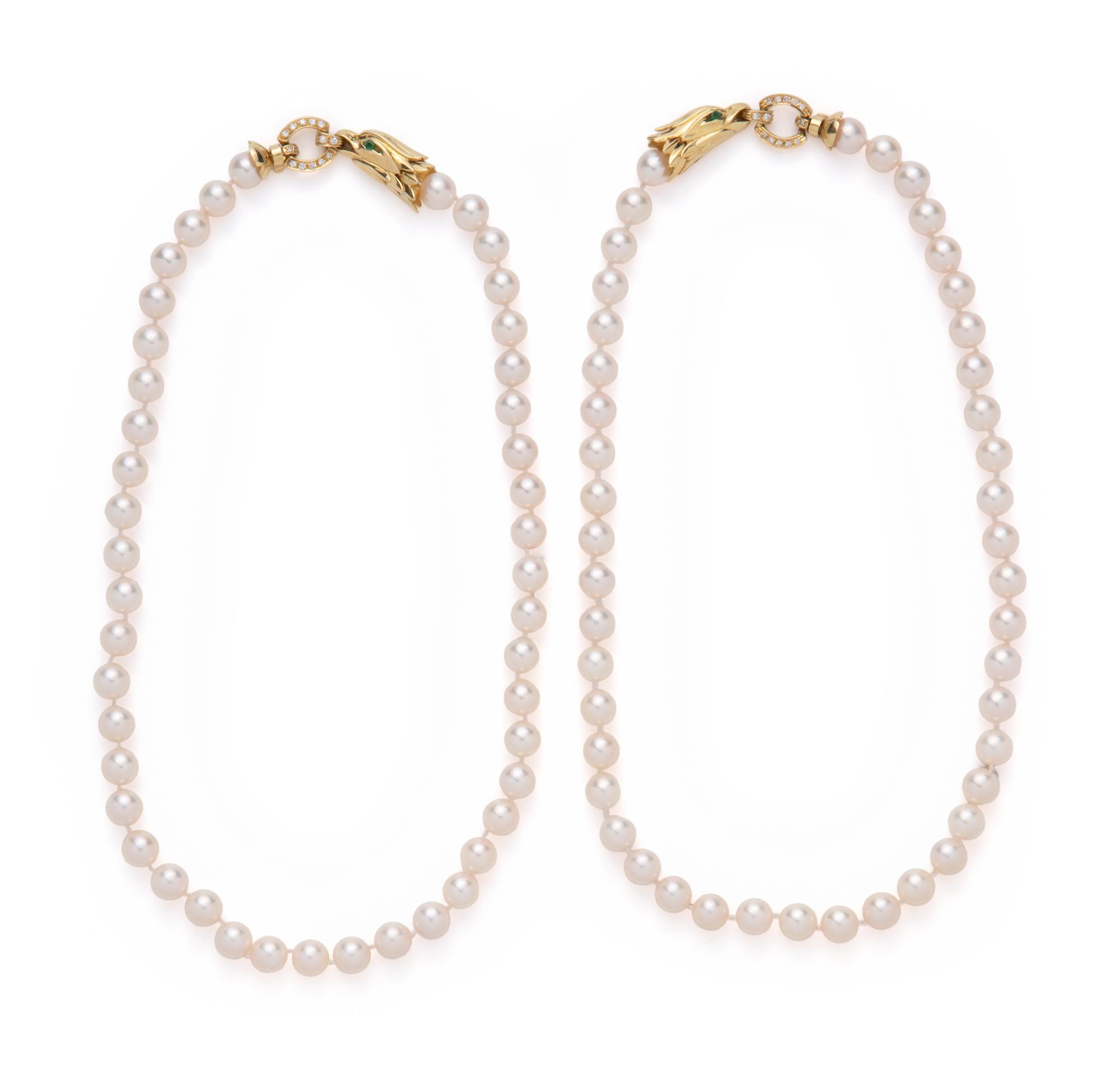 PAIR OF CULTURED PEARL AND DIAMOND NECKLACES