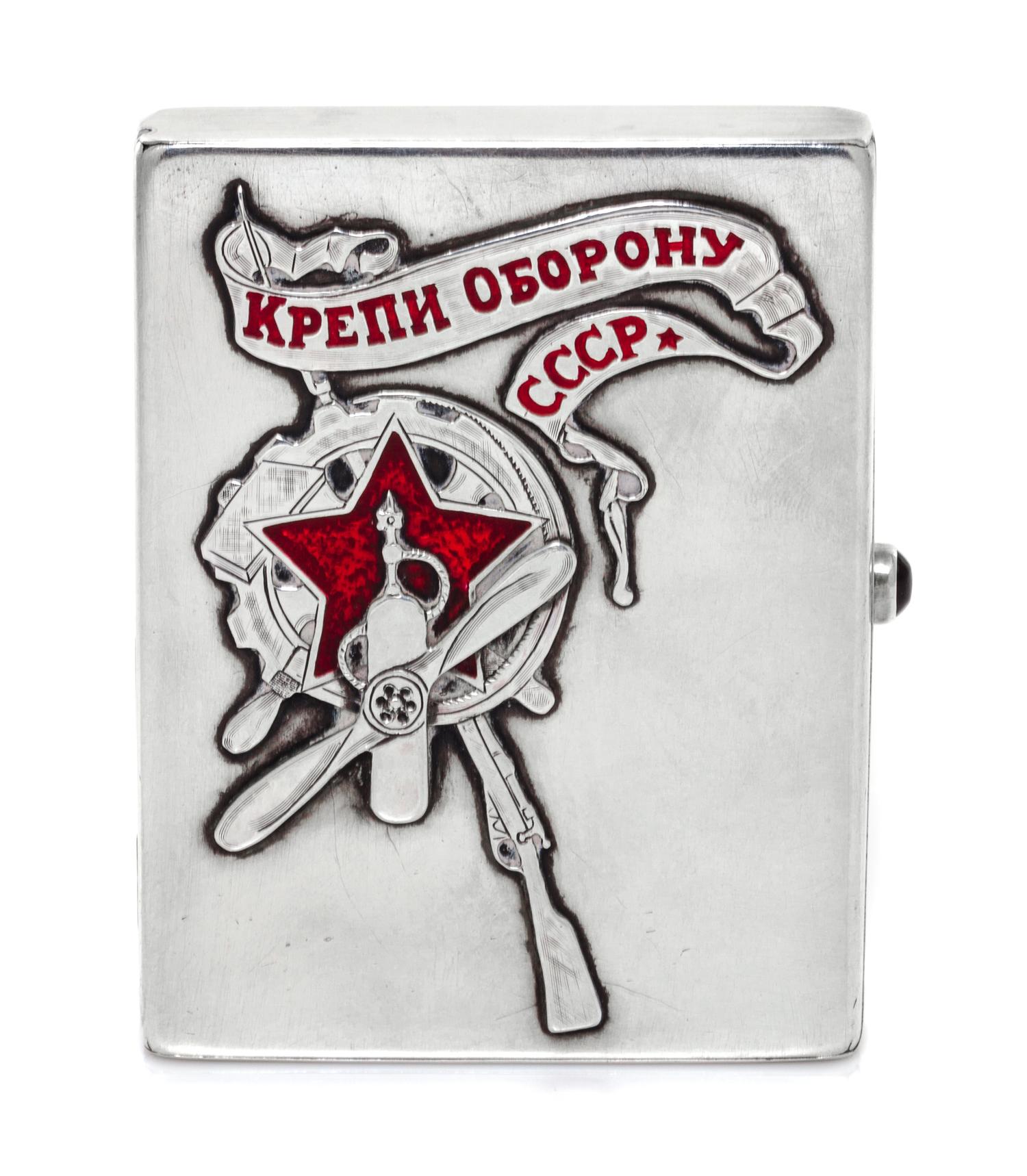 A Russian Silver and Enamel Cigarette Case, Maker's Mark Obscured, Moscow, 20th Century, of rectangular form, the lid decorated with an