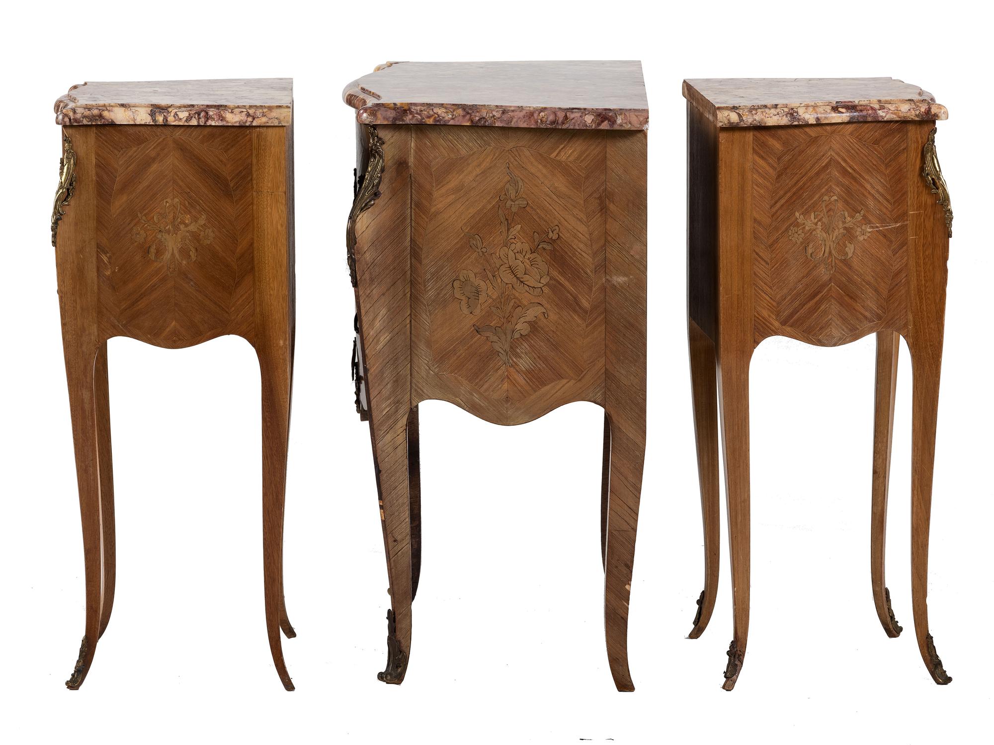 A Louis XV Style Gilt Metal and Marble Mounted Commode and Pair of Side Tables