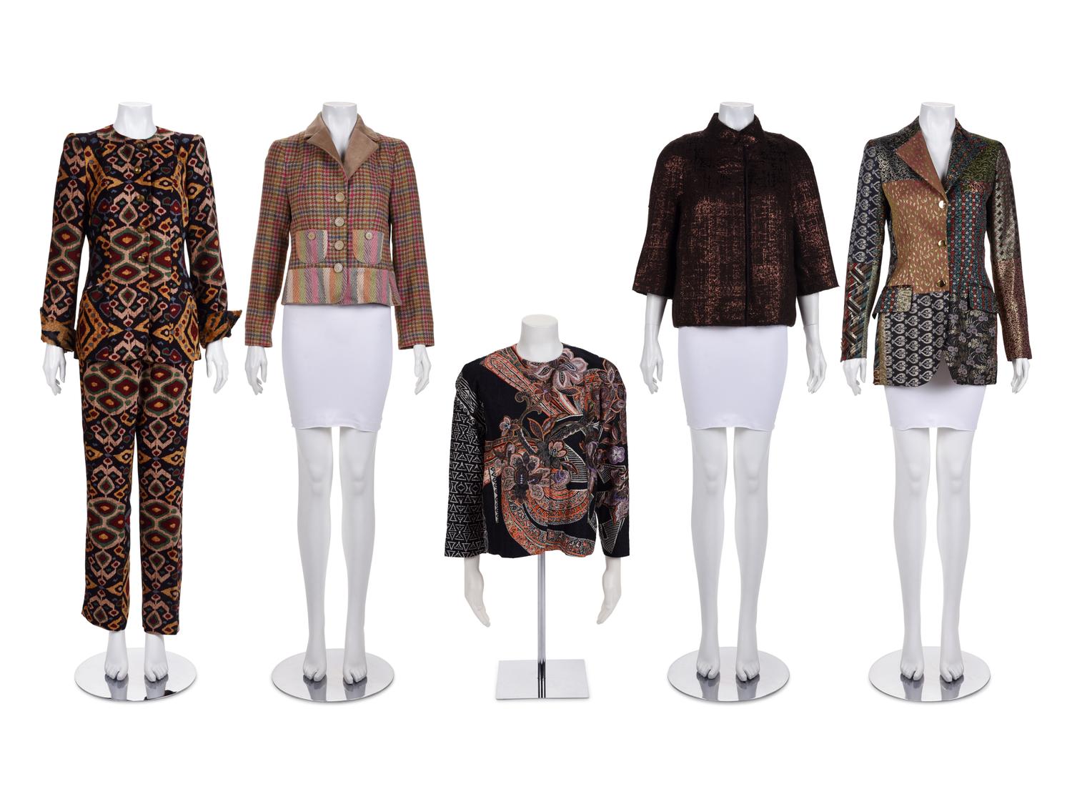 Four Designer Jackets and One Two-Piece Pant Ensemble: Two Etro, One J. Mendel, One Dolce & Gabbana, and One Etro Pantsuit
