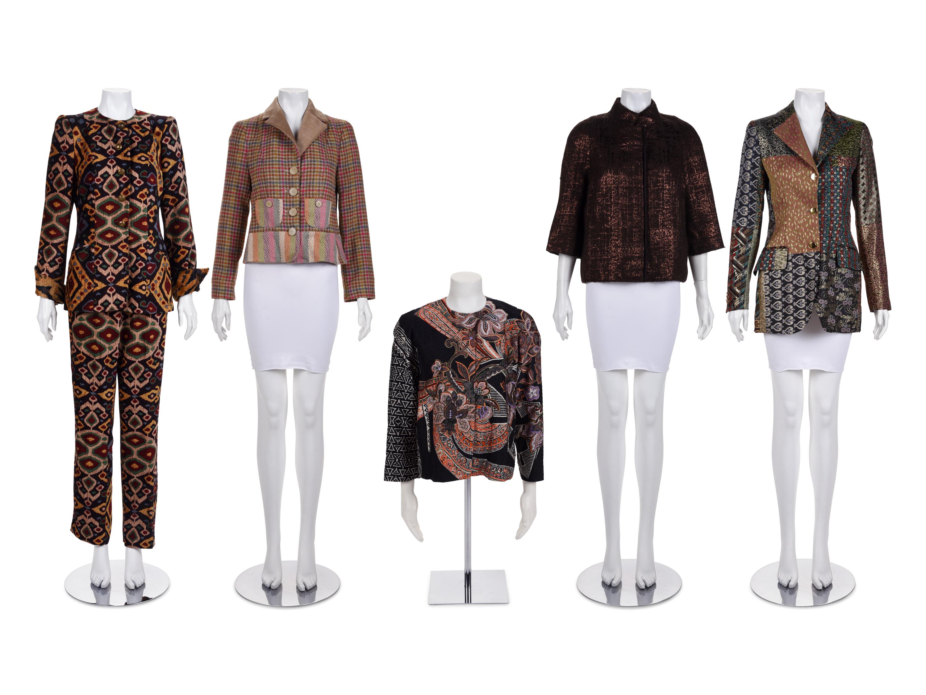 Four Designer Jackets and One Two-Piece Pant Ensemble: Two Etro, One J. Mendel, One Dolce & Gabbana, and One Etro Pantsuit