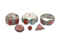 Six Chinese Carved Red Lacquer Inset Metal Jewelry