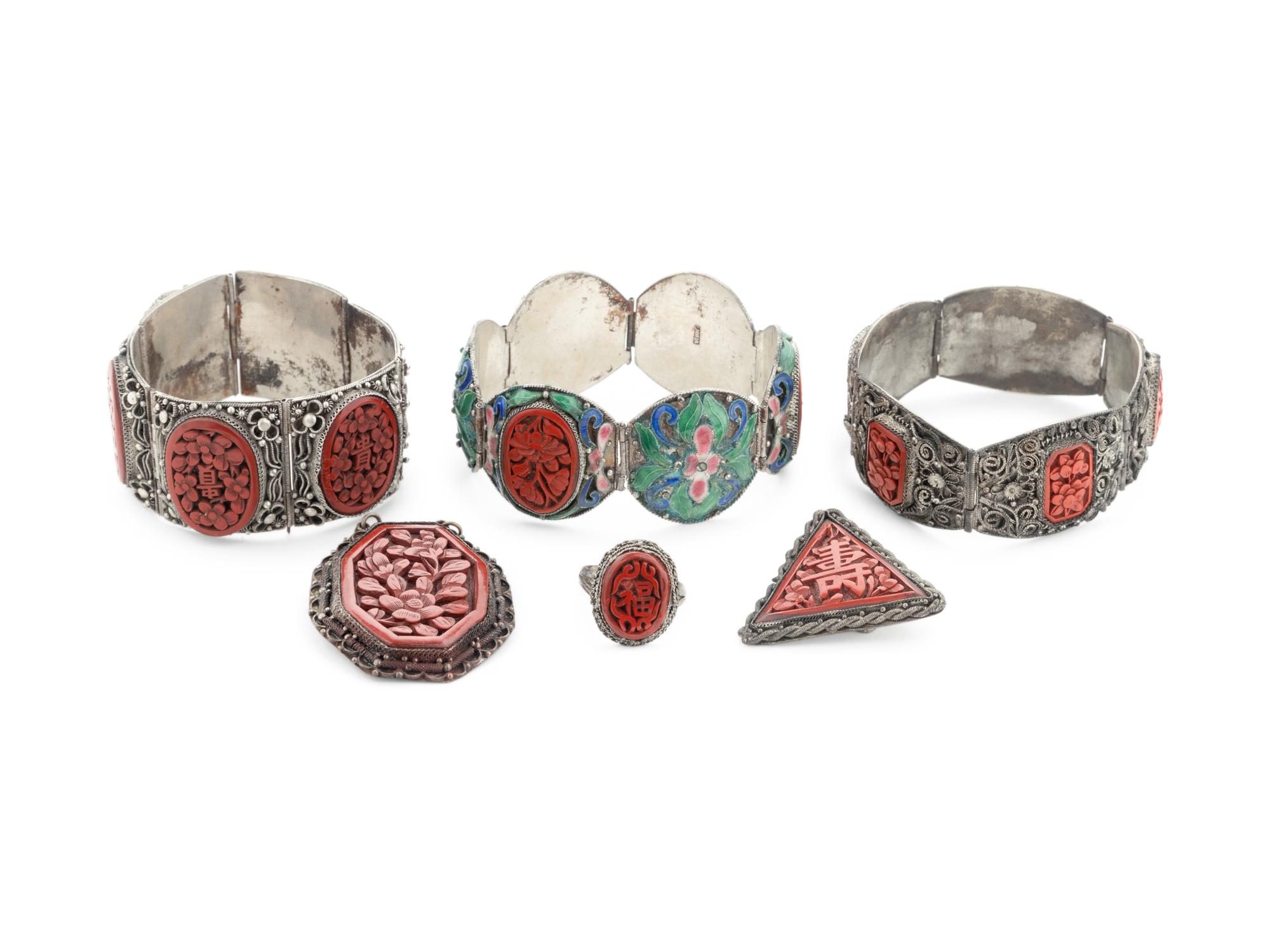 Six Chinese Carved Red Lacquer Inset Metal Jewelry