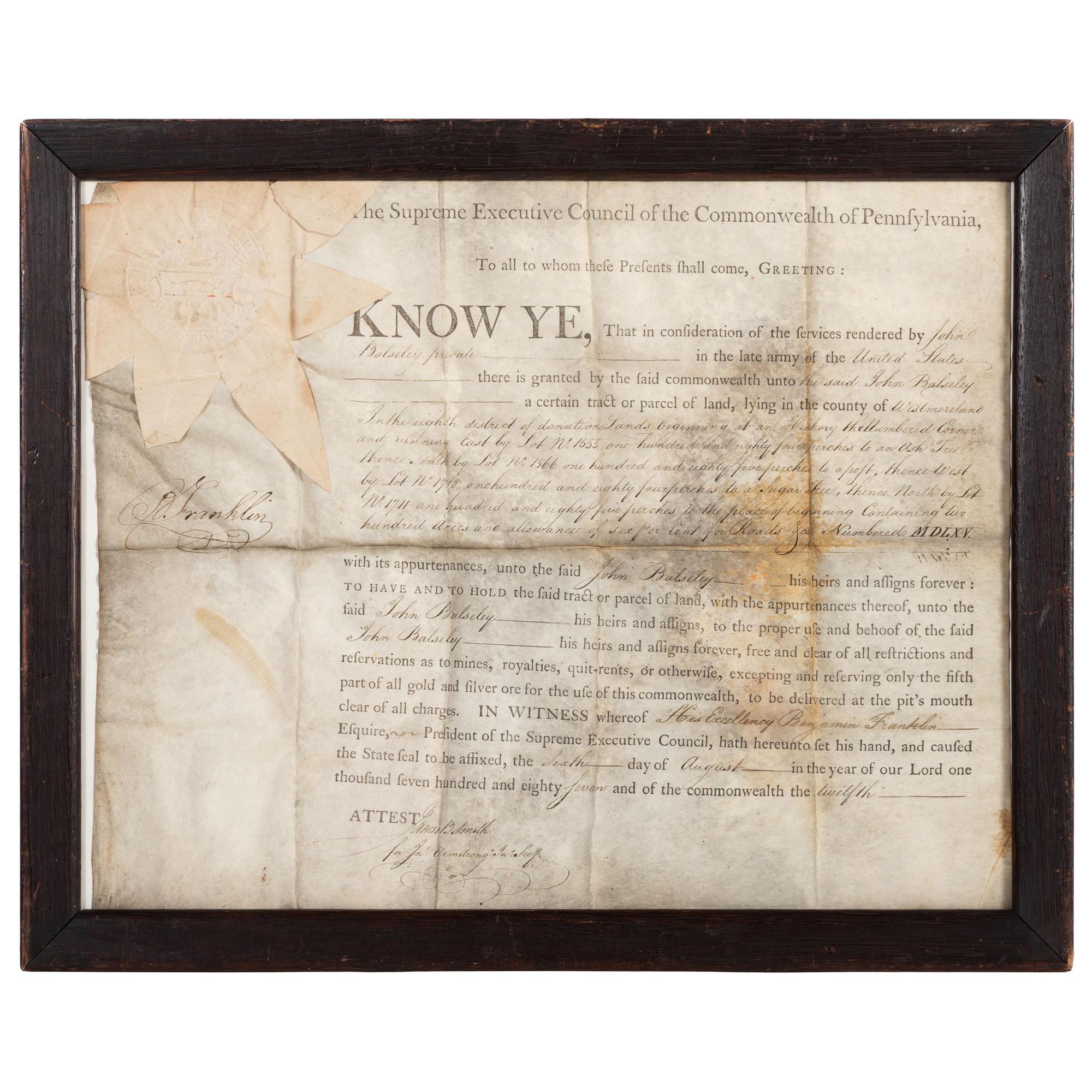 FRANKLIN, Benjamin (1706-1790). Partly printed document signed (“B. Franklin”), as President of the Supreme Executive Council of Pennsylvania, 6 August 1787.