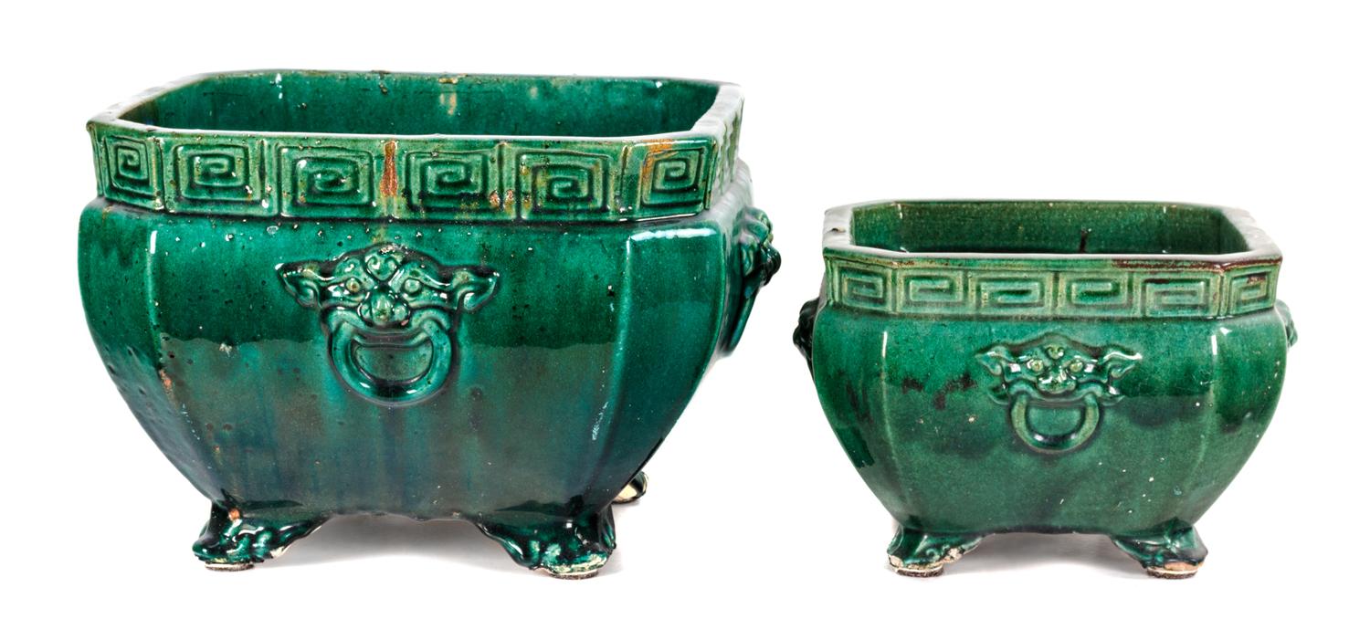 Two Green Porcelain Jardinières Height of taller 11 inches.