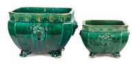 Two Green Porcelain Jardinières Height of taller 11 inches.