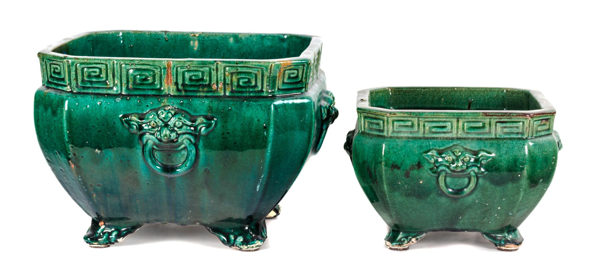 Two Green Porcelain Jardinières Height of taller 11 inches.